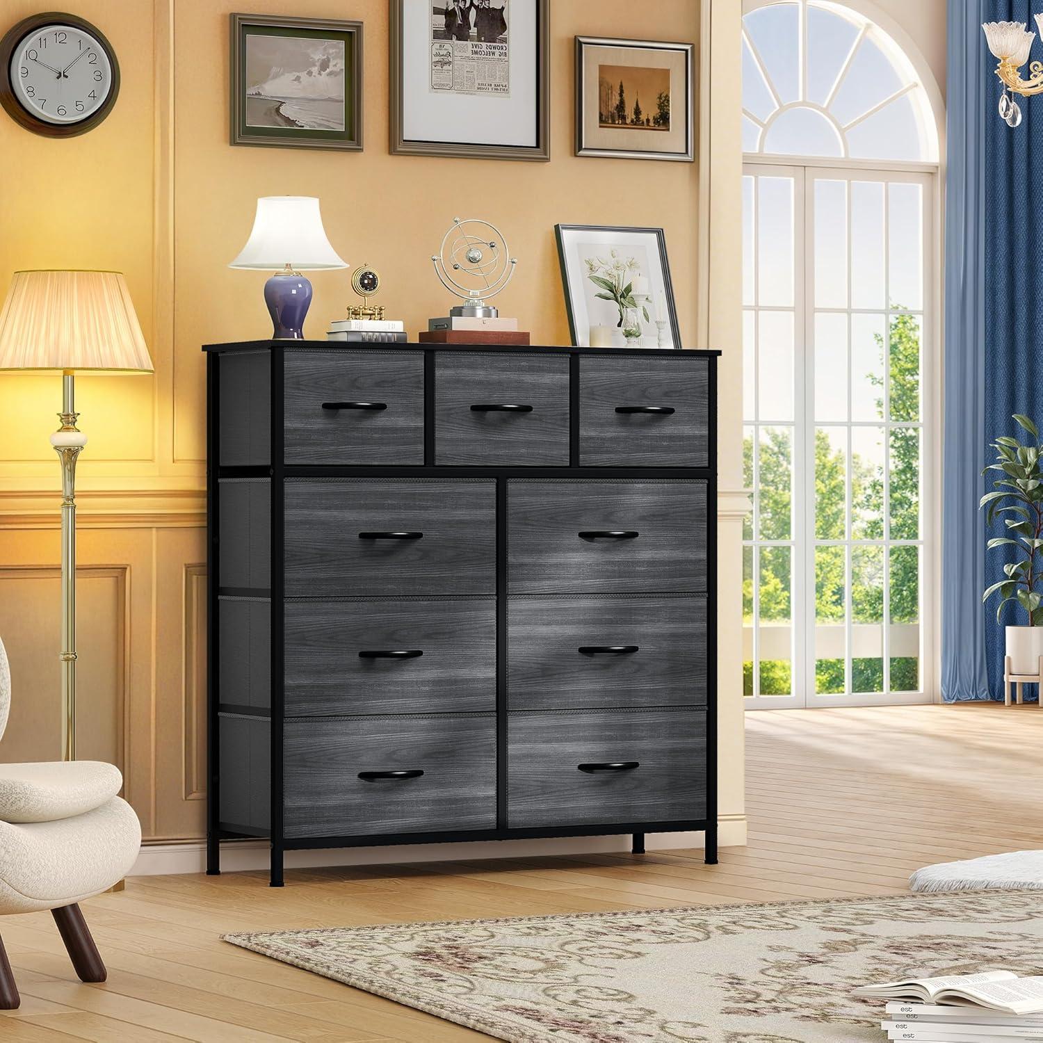 YITAHOME Dresser with 9 Drawers - Fabric Storage Tower, Organizer Unit for Living Room, Hallway, Closets - Sturdy Steel Frame, Wooden Top & Easy Pull Fabric Bins (Charcoal Black Wood Grain)