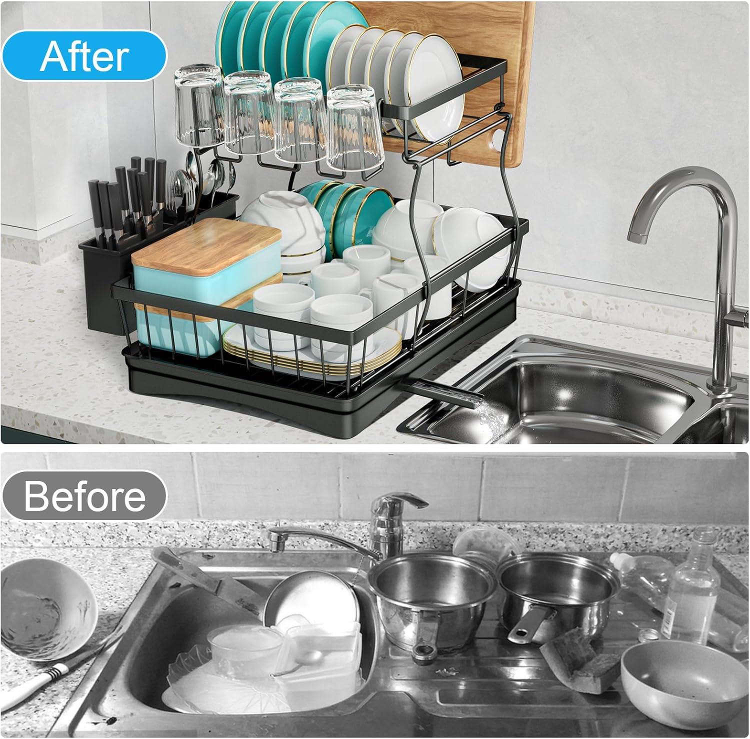 iSPECLE Dish Drying Rack with Drainboard - Dish Racks for Kitchen Counter, Rust-Resistant Compact Dish Drainer with Utensil Holder, Drain Spout and High Feet on Drip Tray, Black
