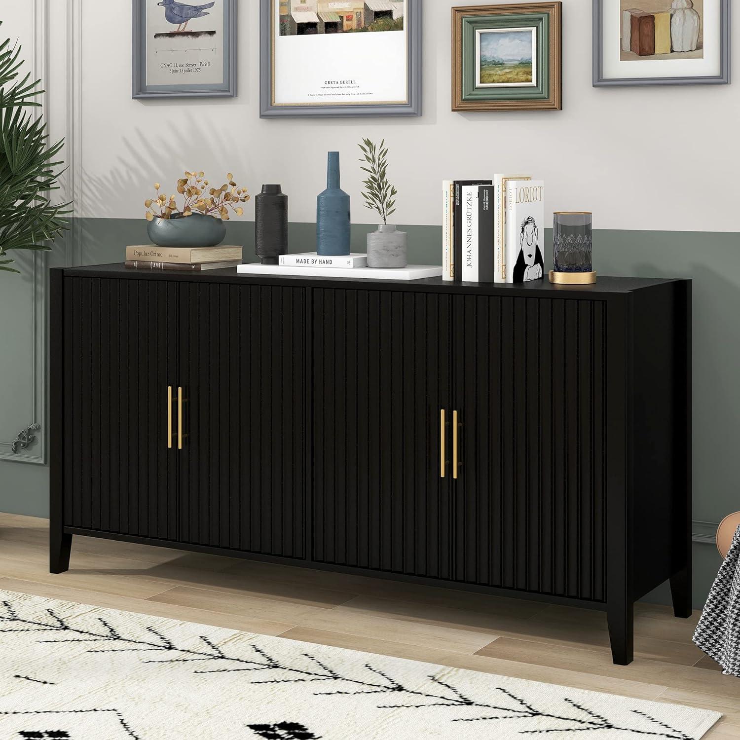 63”Inch Modern Wood Accent Buffet Sideboard Serving Storage Cabinet with Large Storage Space, Metal handles & Wood Legs and Shelves for Dining Room, Entryway (Black)