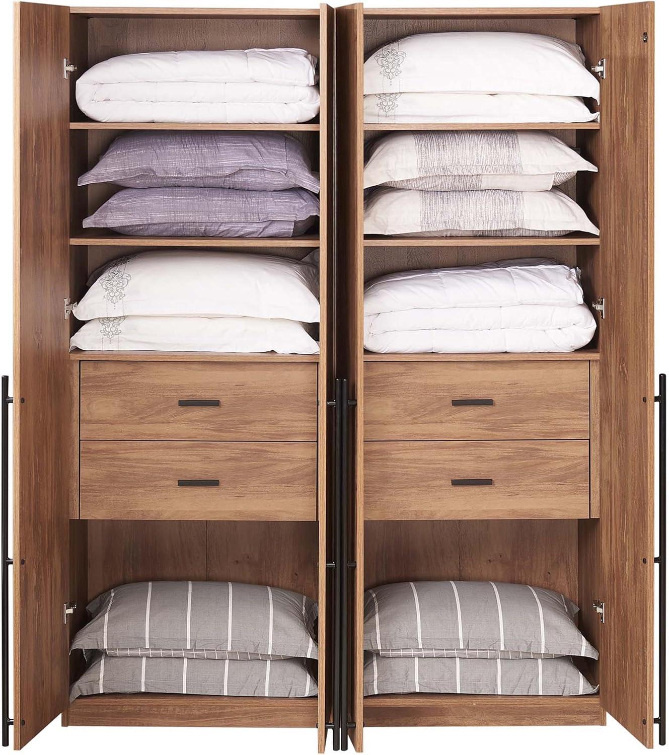Manhattan Comfort Set of 2 Lee 2 Door and 2 Drawer Wardrobe Closets Golden Brown: Modern MDF, Metal Hardware, 8 Shelves