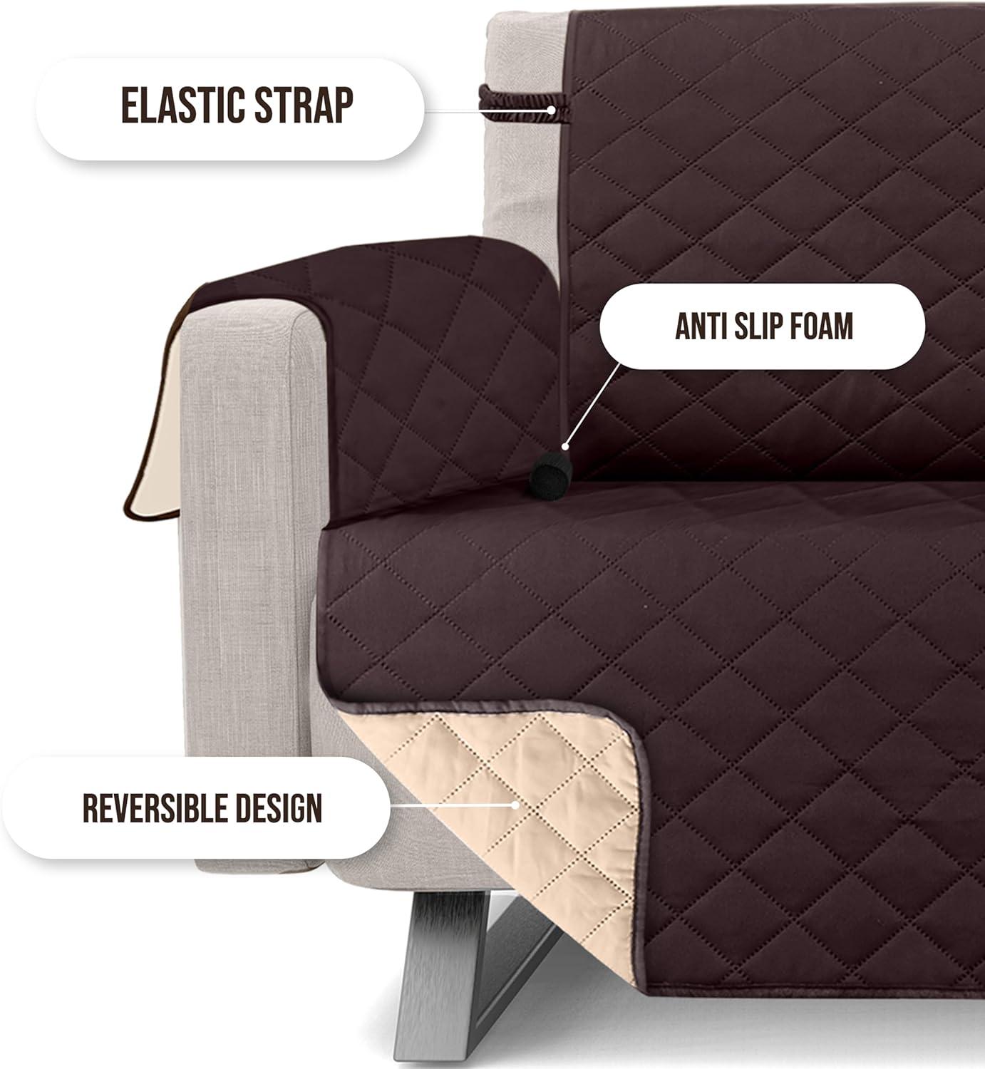 Utopia Bedding Reversible Sofa Couch Cover, Water Resistant Slipcover Furniture Protector with Foam Sticks and Elastic Straps for Kids Dogs Pets (3 Seater, Chocolate/Beige)
