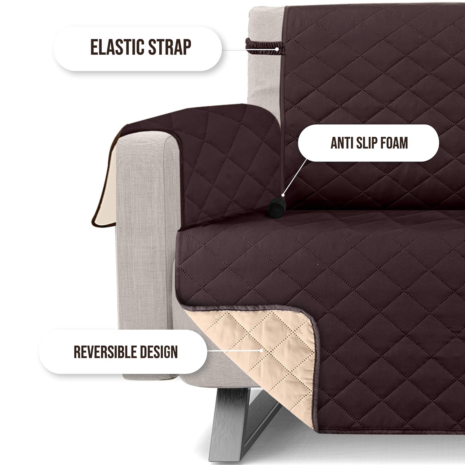 Utopia Bedding Reversible Sofa Couch Cover, Water Resistant Slipcover Furniture Protector with Foam Sticks and Elastic Straps for Kids Dogs Pets (3 Seater, Chocolate/Beige)