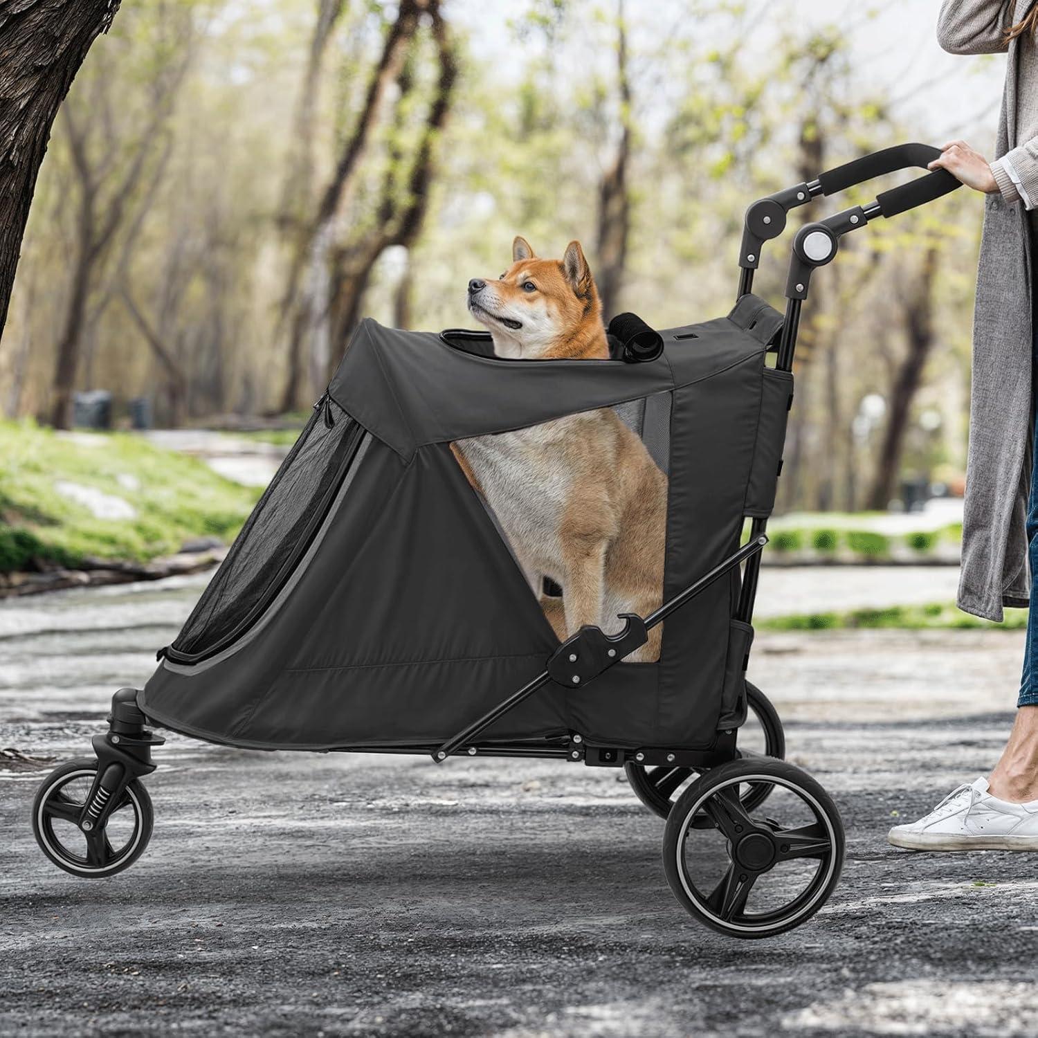 Folding 3 Wheel Pet Stroller, Foldable Dog Jogger Stroller with Adjustable Handlebar and Mesh Window