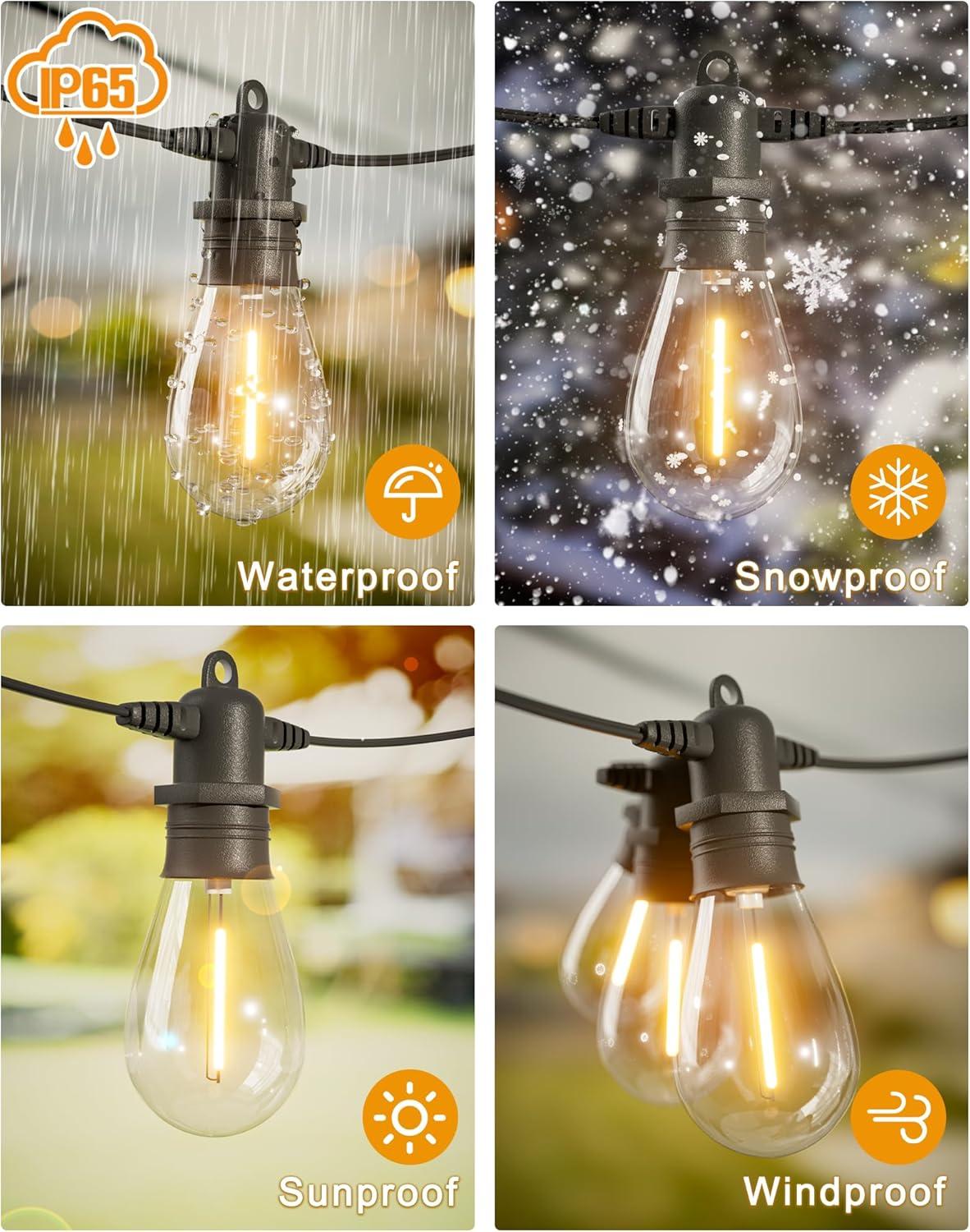 60FT LED Outdoor String Lights with 16+1 Edison Shatterproof IP65 Waterproof Bulbs, 2700K Dimmable