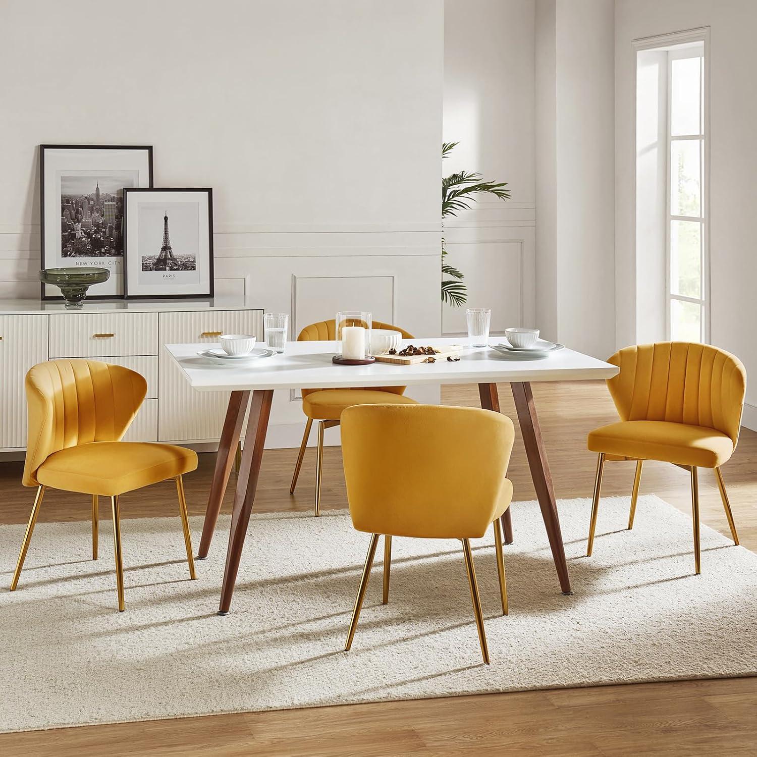 HULALA HOME Velvet Dining Chairs, Modern Small Armless Accent Chair with Gold Metal Legs, Living Room Upholstered Cute Side Chair, Elegant Tufted Back Vanity Chair for Bedroom/Beauty Room-Mustard
