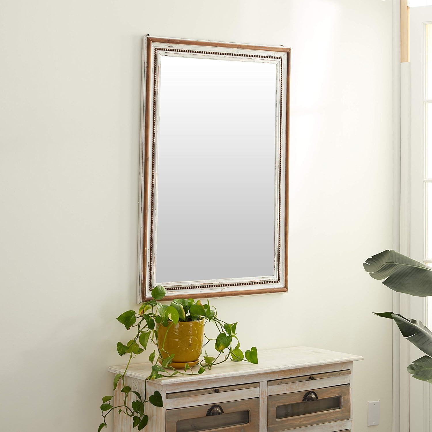 Brown Wood Rectangular Wall Mirror with Beaded Perimeter