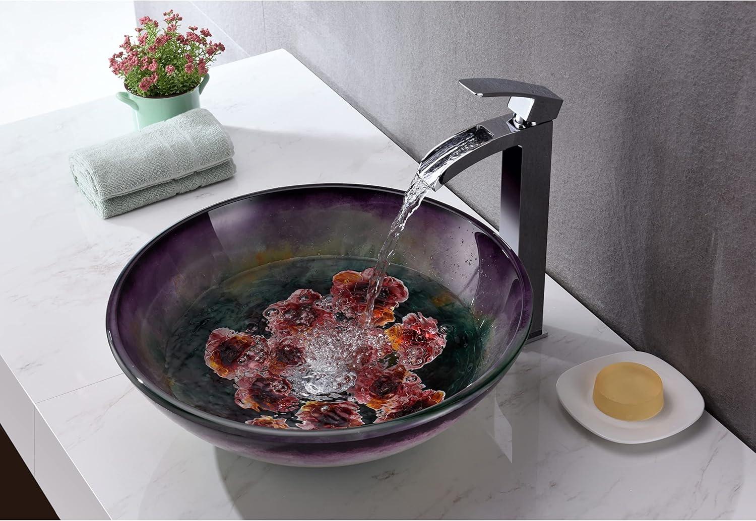 ANZZI Impasto 15.5'' Green Tempered Glass Circular Bathroom Sink with Faucet