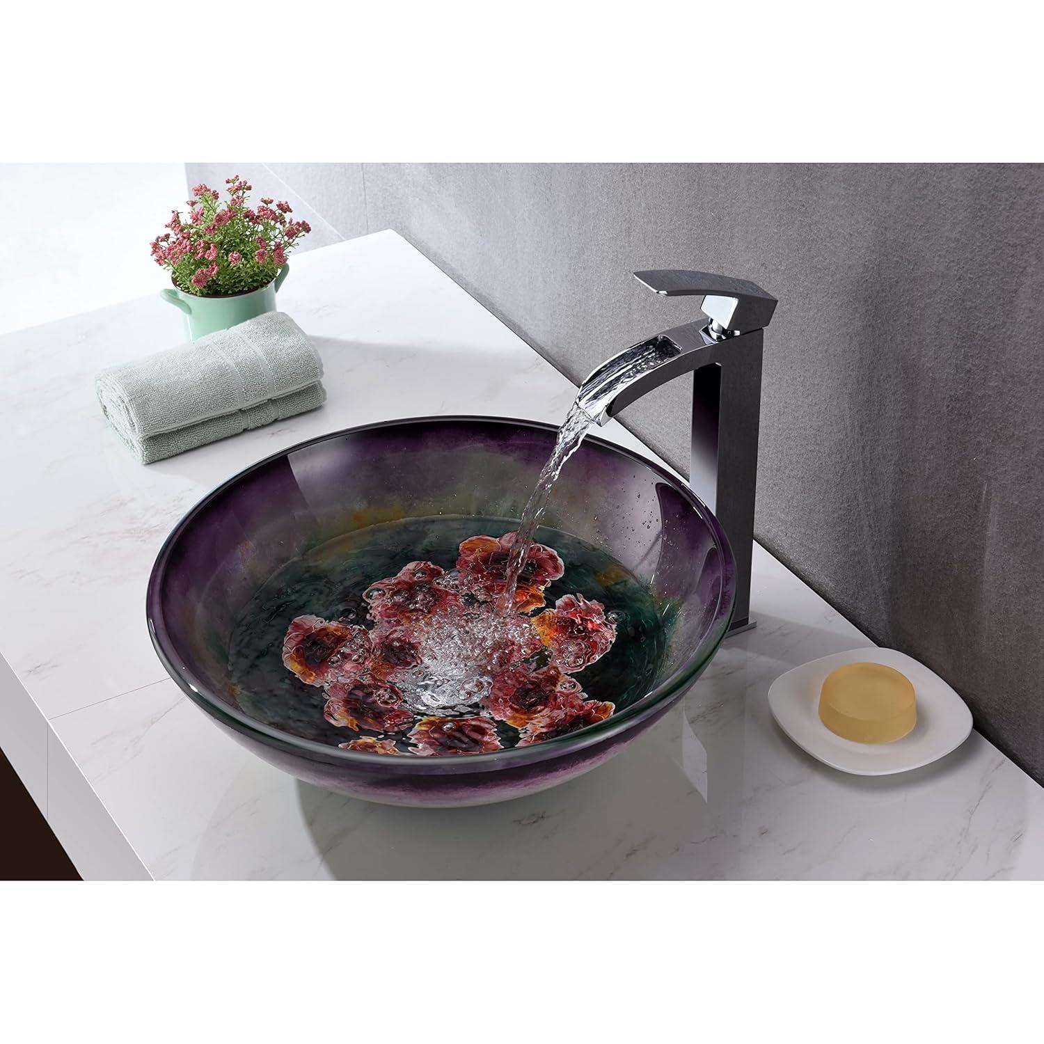 ANZZI Impasto 15.5'' Green Tempered Glass Circular Bathroom Sink with Faucet