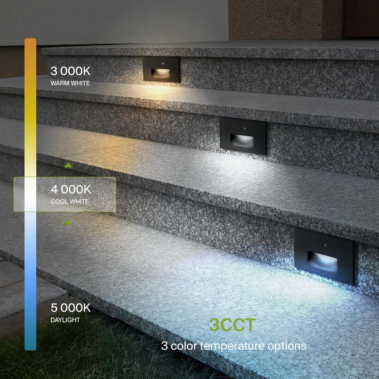 ASD LED Step Light Fixture | 3W 120LM 3000K-5000K 120V | 3CCT, Photocell, Waterproof, ETL Listed | Dusk To Dawn Stair Lamp, Outdoor Tread Lighting, Staircase Spotlight | Black, 4 Pack
