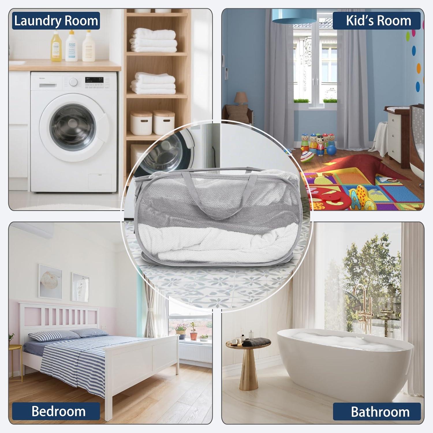 Durable Collapsible Laundry Baskets, Mesh Pop Up Laundry Hamper with Side Pocket, Foldable Clothes Storage Hamper with Reinforced Carry Handles for Laundry, Bathroom, Kids Room, Dorm or Travel Grey