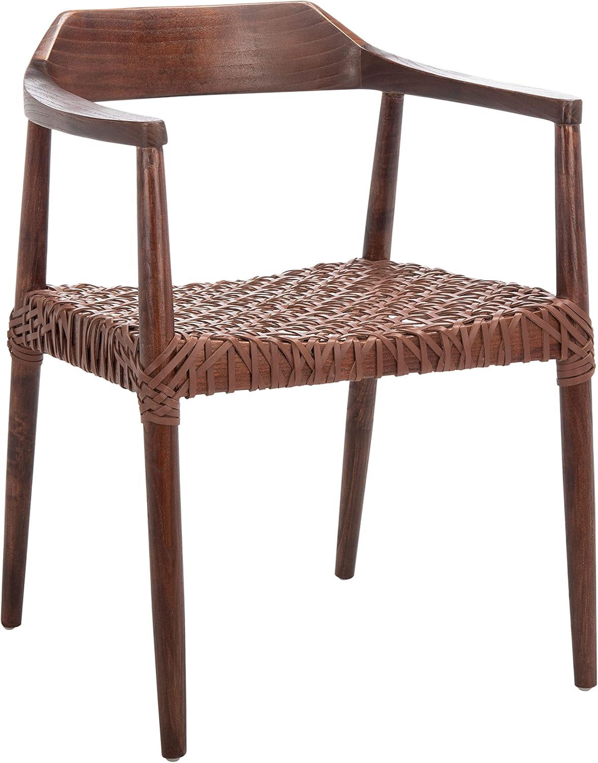 SAFAVIEH Munro Leather Woven Accent Chairs, Walnut (Sungkai Wood Frame)/Cognac (Leather Seat) (22 in. W x 20.5 in. D x 28.5 in. H)