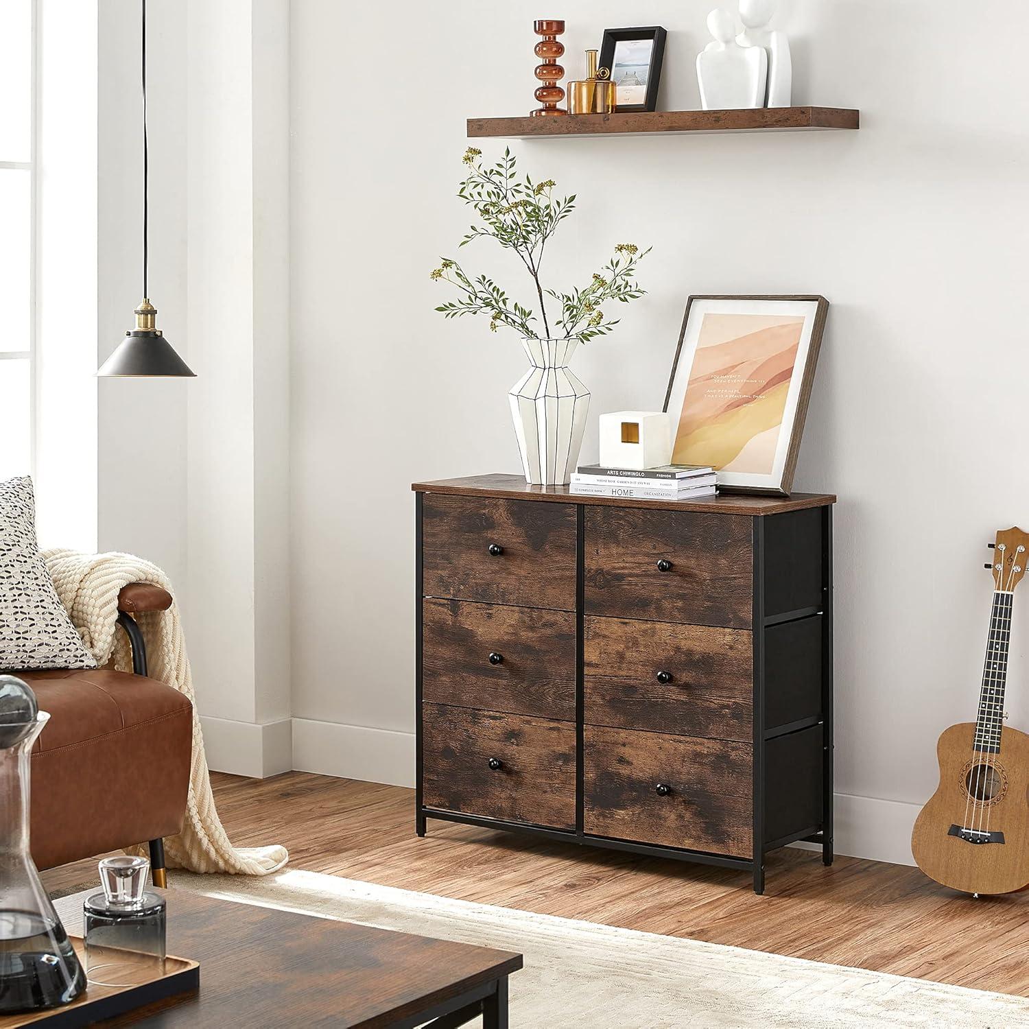 Rustic Brown and Black 6-Drawer Fabric Dresser with Metal Frame