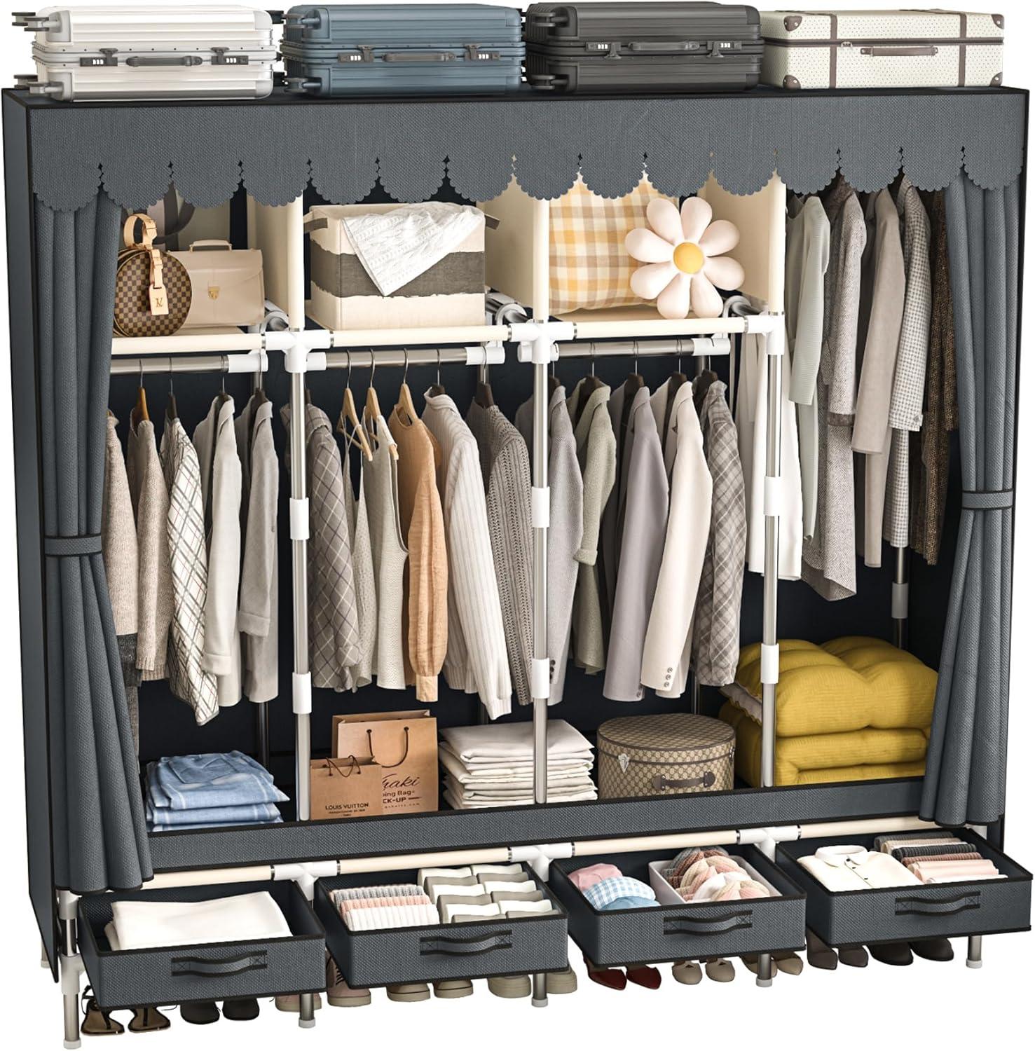 Large Portable Wardrobe with 4 Hanging Rods and Drawers, Armoire, Metal Storage Wardrobe Hangers, Upgraded Grey Non-Woven Dust Cover for Handing Closet,Large Closets for Bedroom