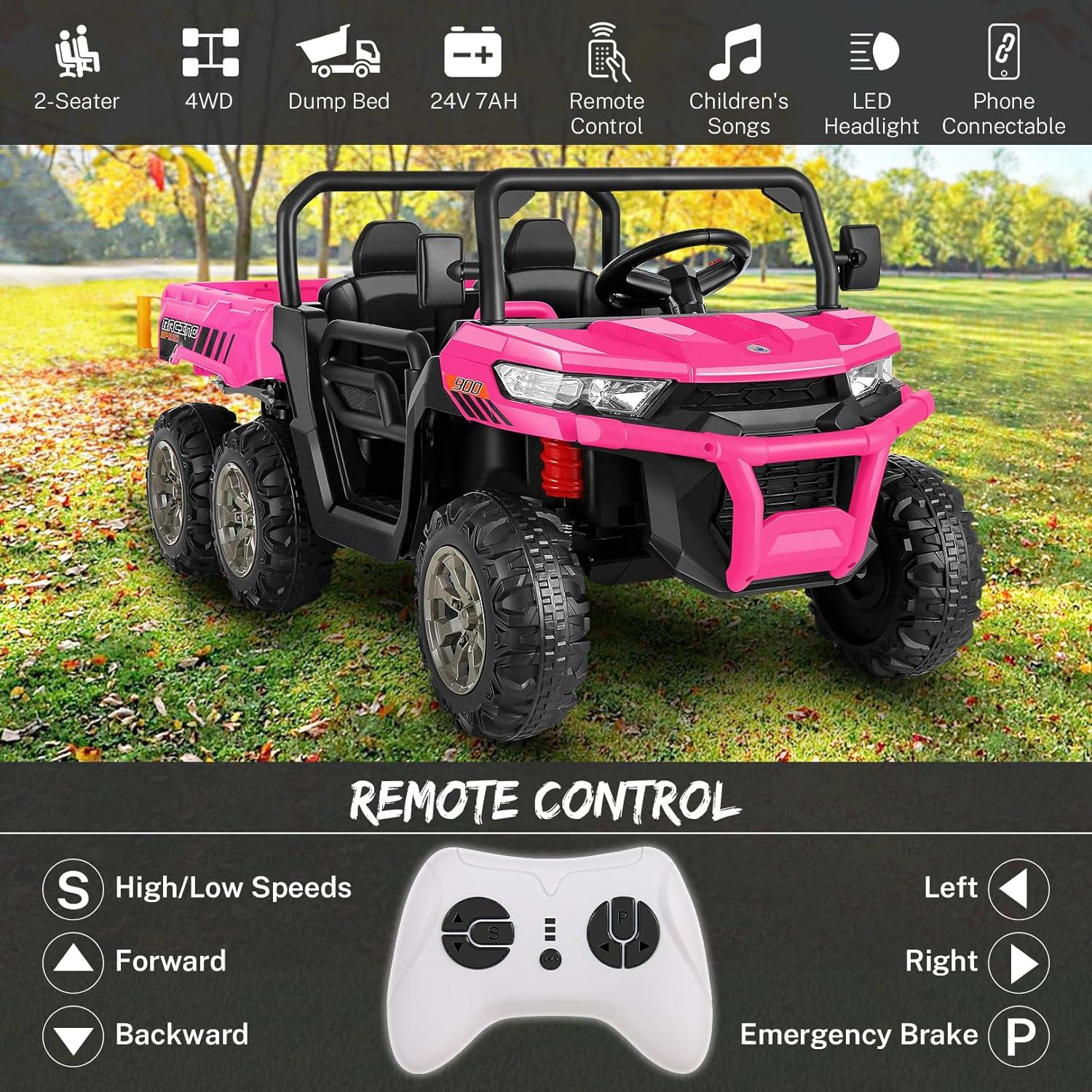 24V Kids Ride on Dump Truck with Remote Control, 2 Seater Powered 4-Wheel UTV Toys, 2x200W Ride on Tractor Car w/ Electric Dump Bed, Shovel, Bluetooth Music, Pink