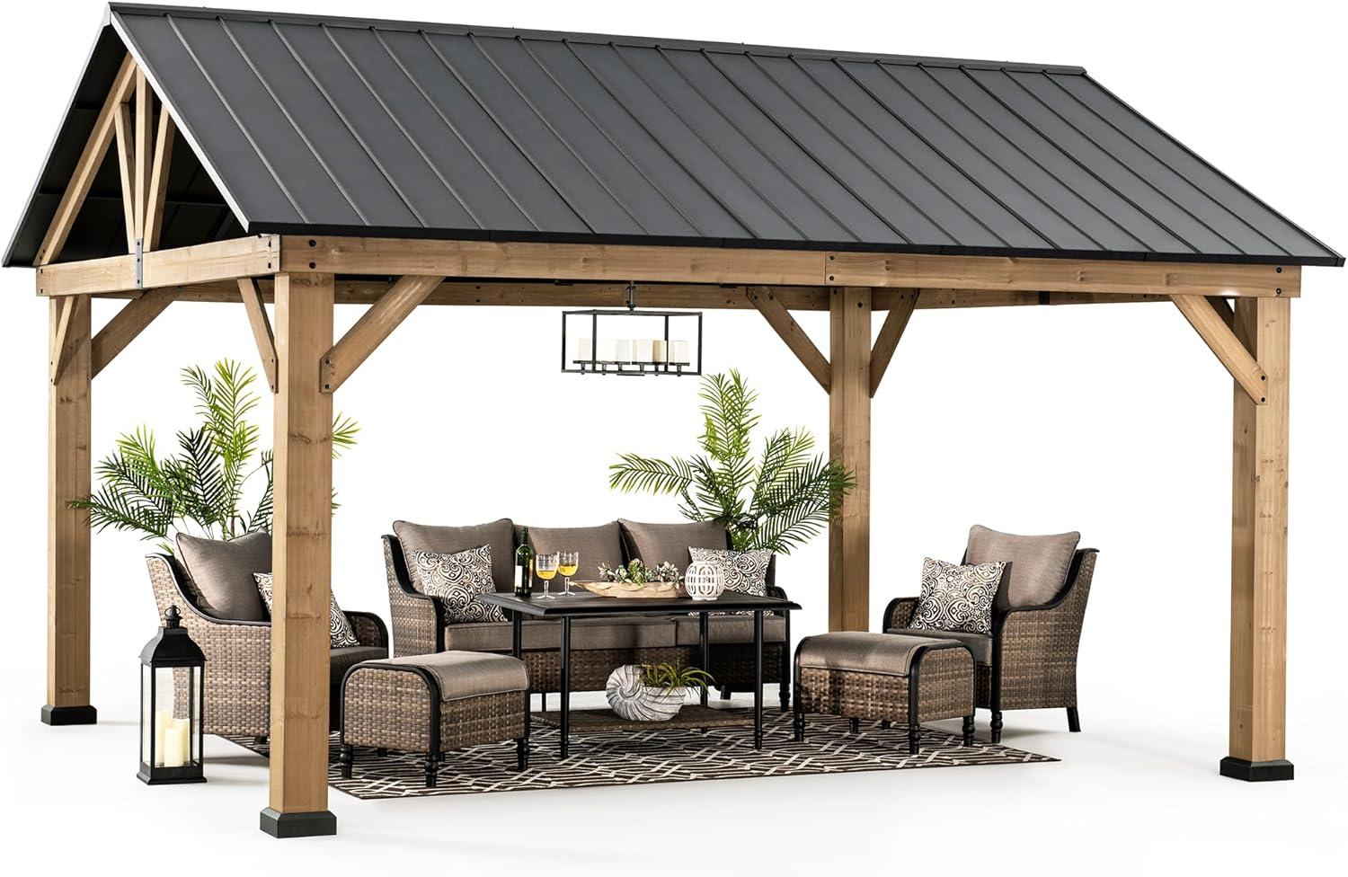 Sunjoy 13 x 15 ft Cedar and Black Steel Gable Roof Gazebo