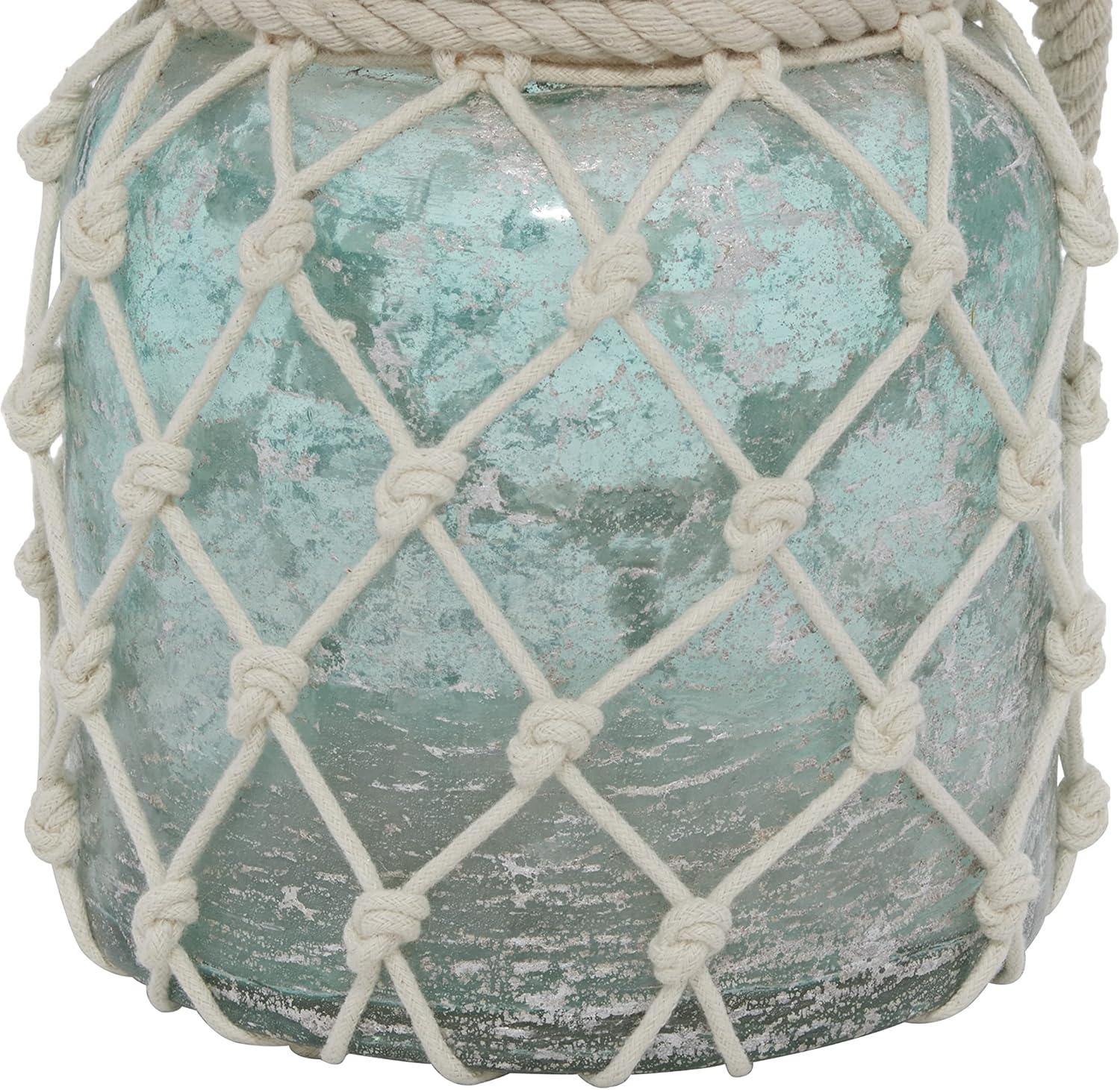 DecMode Blue Glass Decorative Candle Lantern with Rope Handle