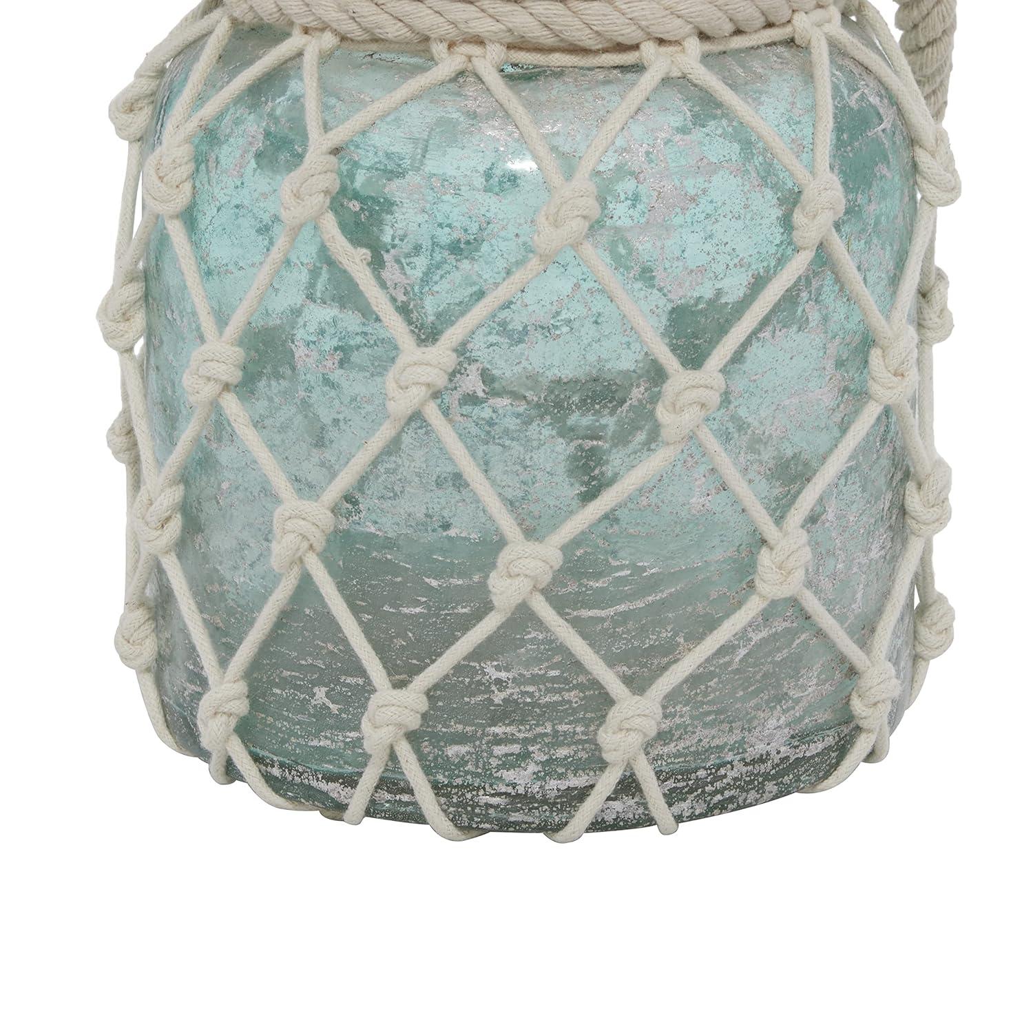 DecMode Blue Glass Decorative Candle Lantern with Rope Handle