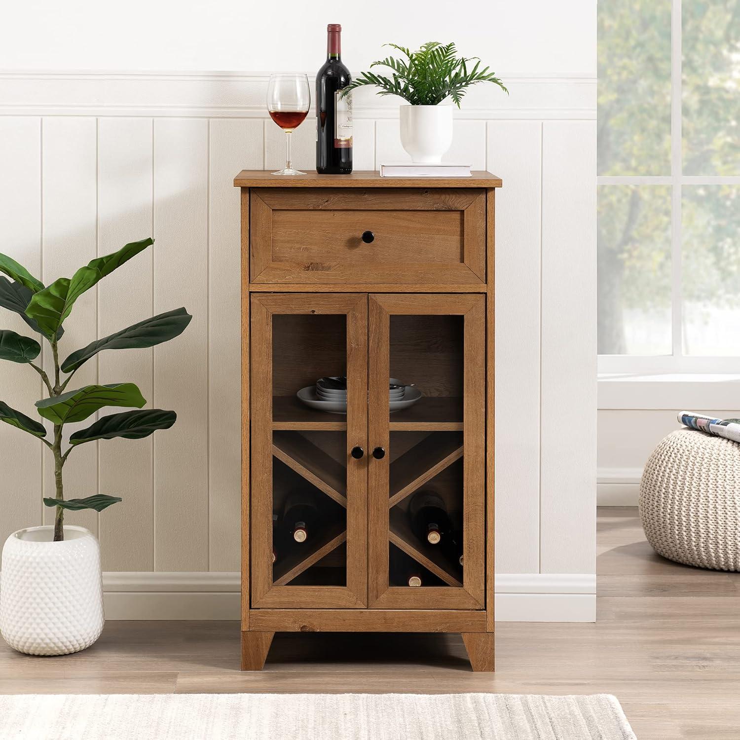 20" English Oak Glass-Door Bar Cabinet with Drawer