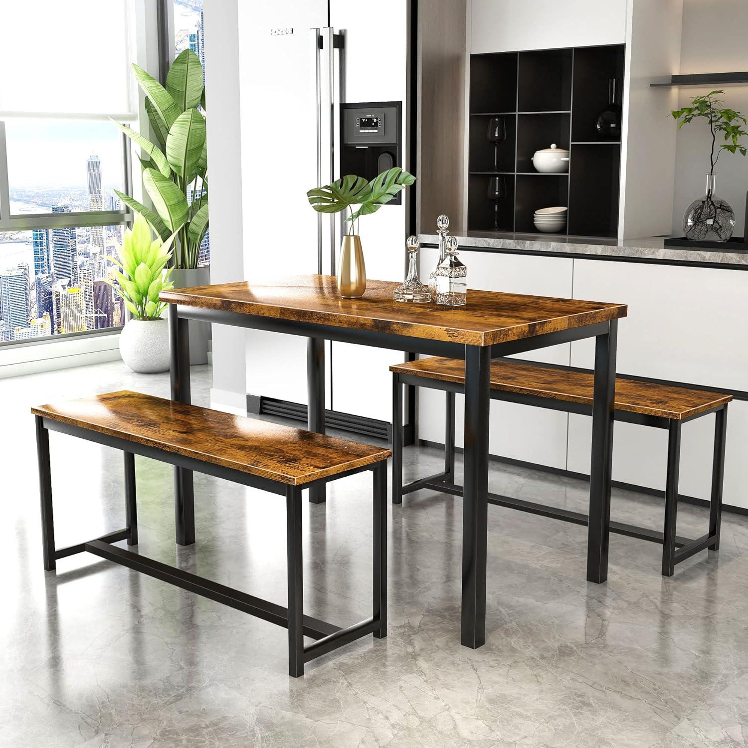 Rustic Brown and Black Industrial Dining Table Set with Benches