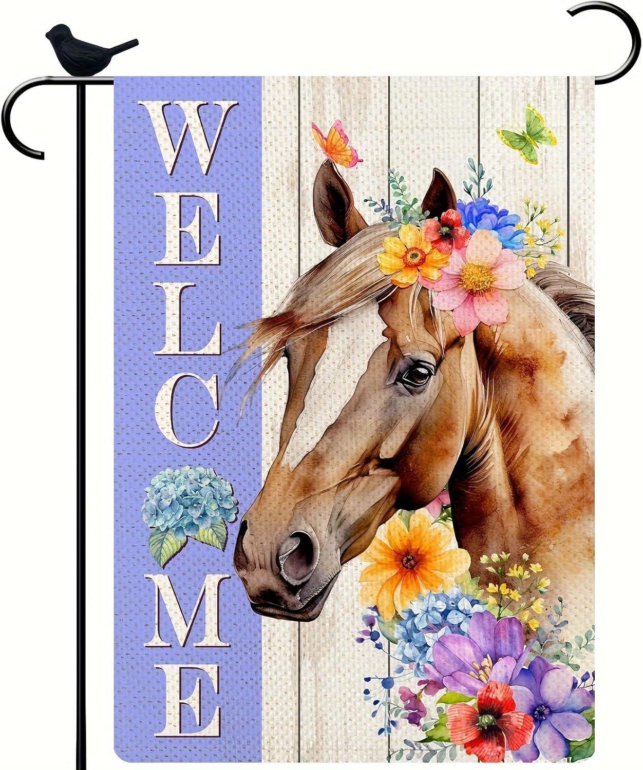 Spring Welcome Horse Garden Flag with Floral Design