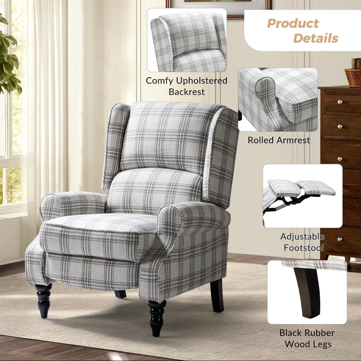 Grey Plaid Upholstered Wingback Recliner with Black Rubber Wood Legs