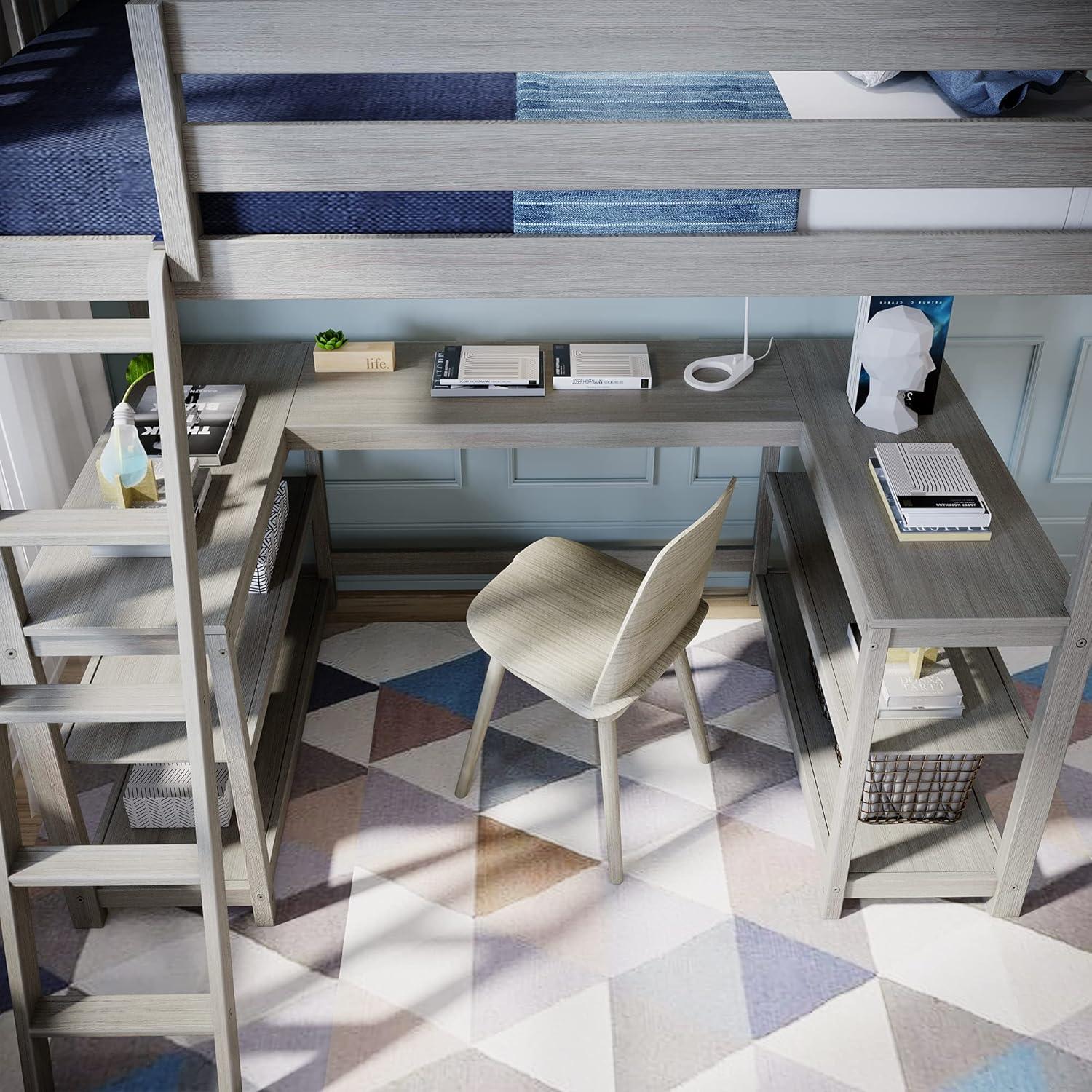 Max & Lily Loft Bed, Solid Wood Twin High Loft Bed with Bookcase and Desk for Kids, White