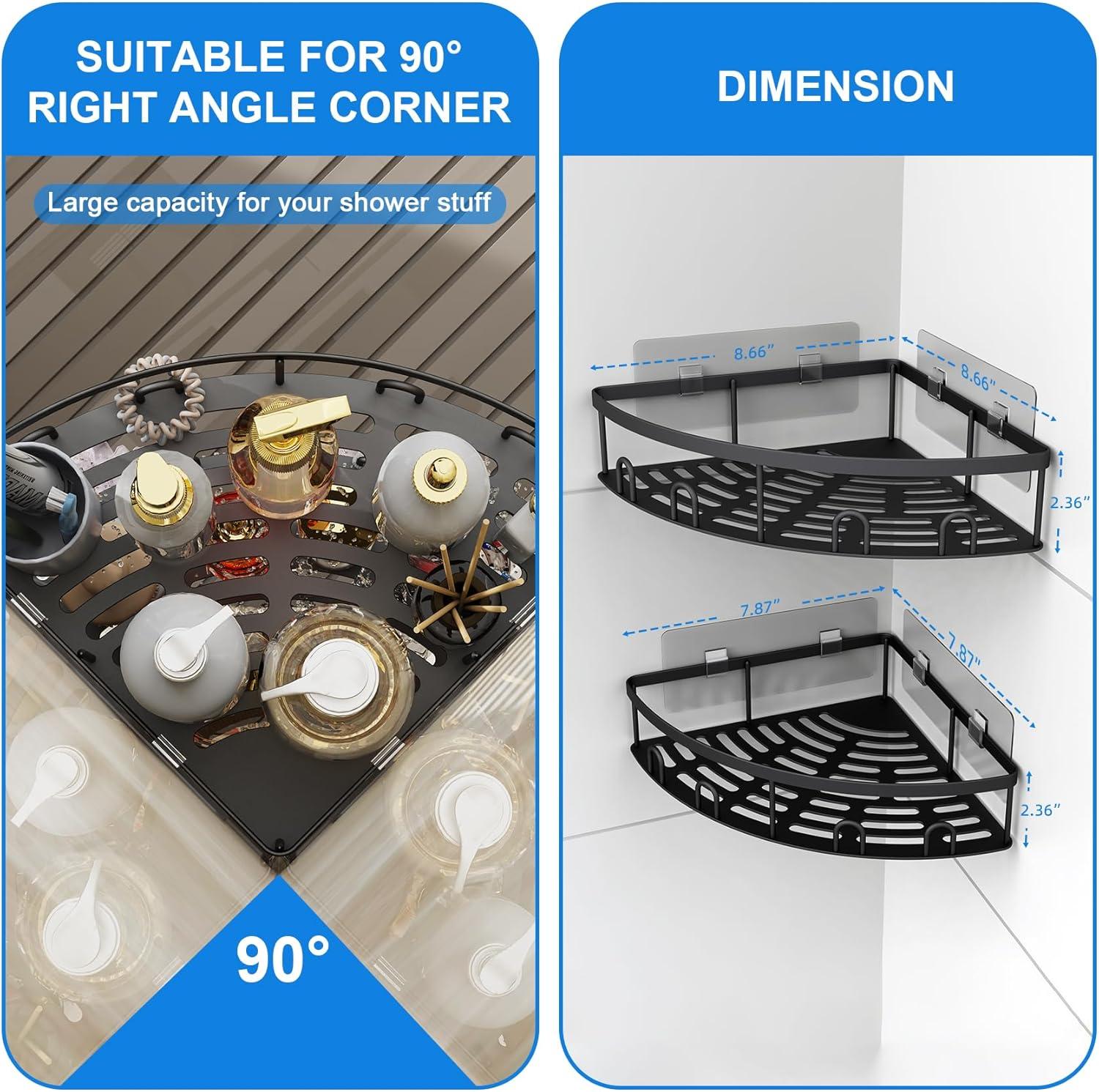 Corner Shower Caddy, 2 Pack Adhesive Bathroom Shower Corner Organizer Shelf, No Drilling Rustproof Wall Mounted Shower Storage Rack Shampoo Holder Organizer (Black)