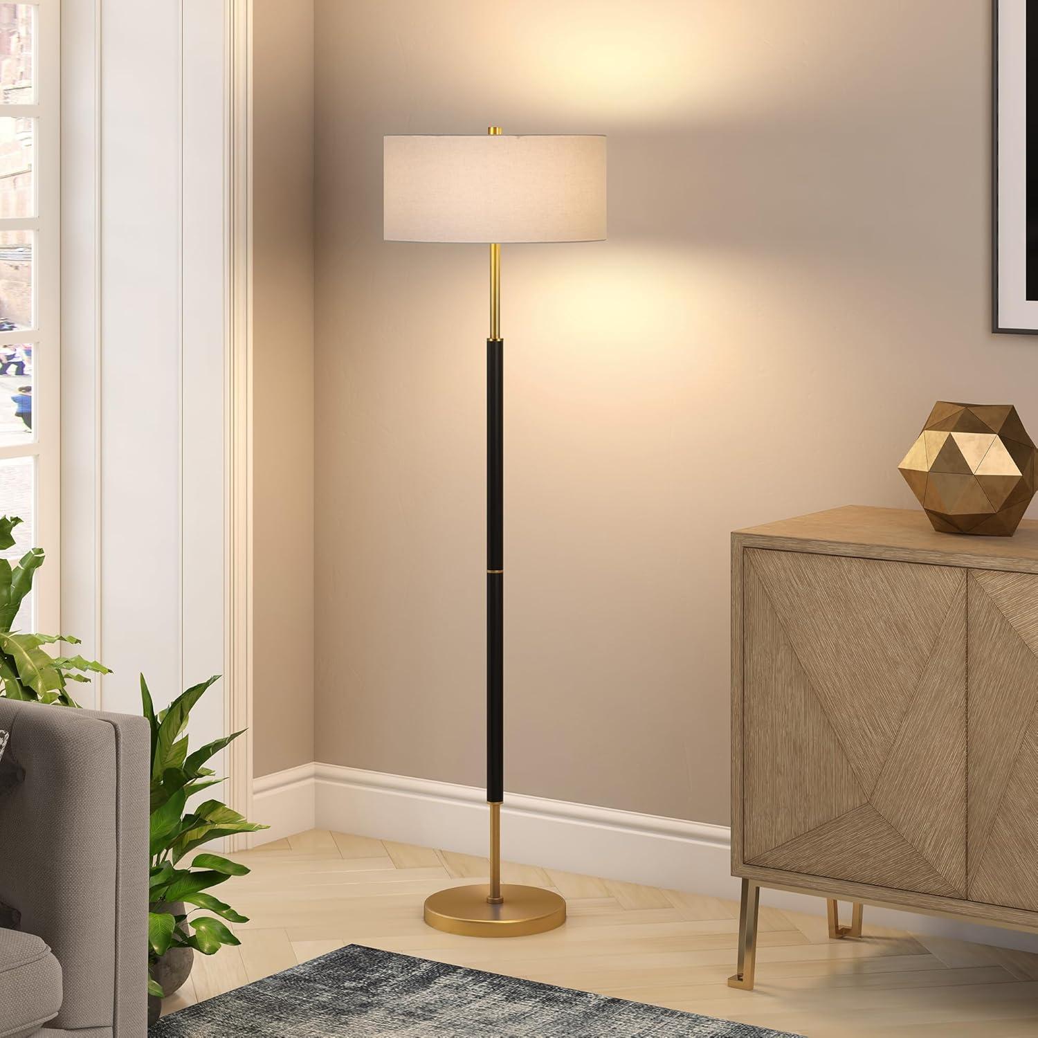 Matte Black and Brass Floor Lamp with White Drum Shade