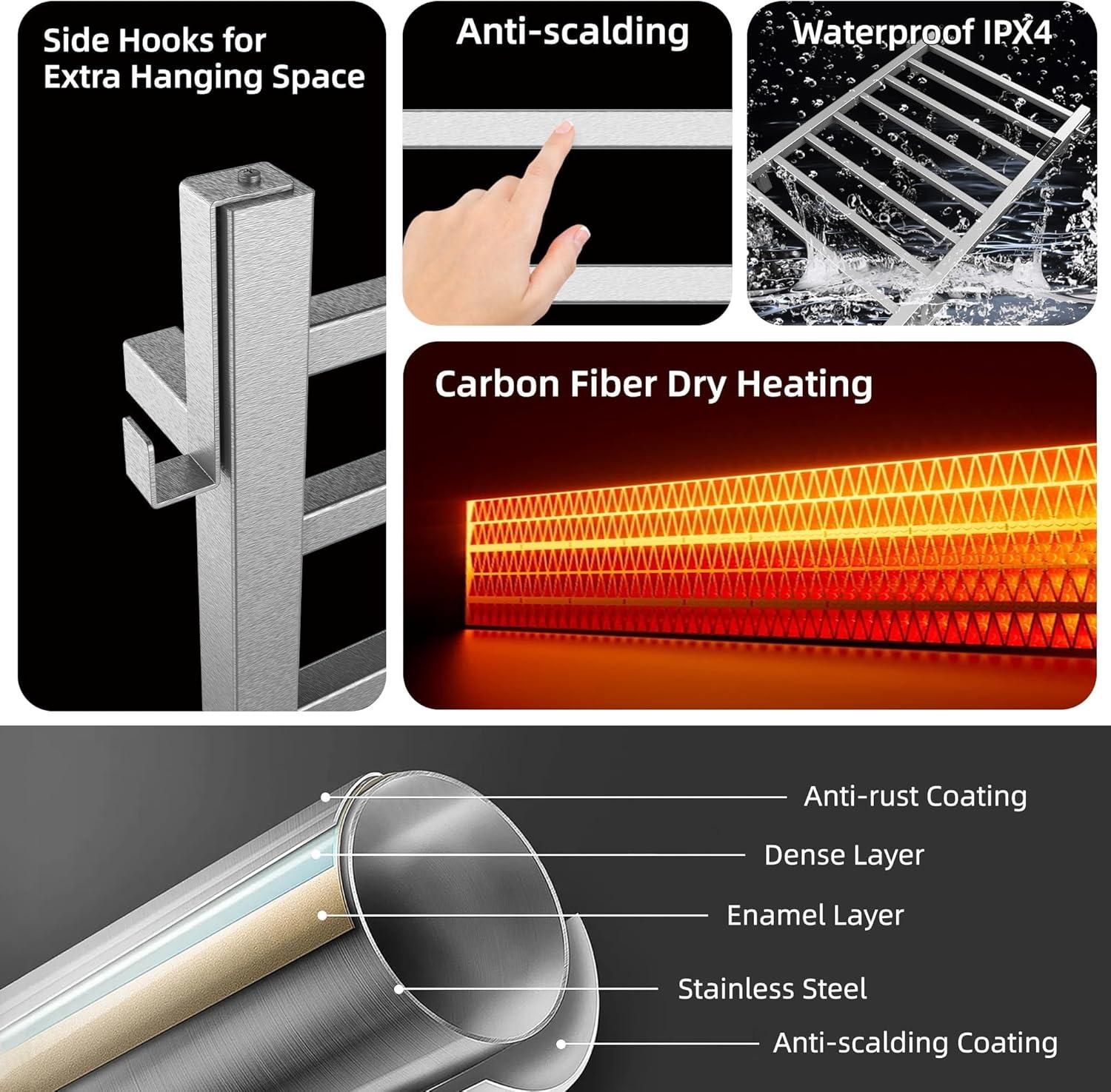 P&Bhusri Towel Warmer, 10-Bar Heated Towel Rack for Bathroom, Electric Towel Warmer with Timer & Temperature Multi-Level Adjustments, Brushed, Plug-in/Hard-Wired