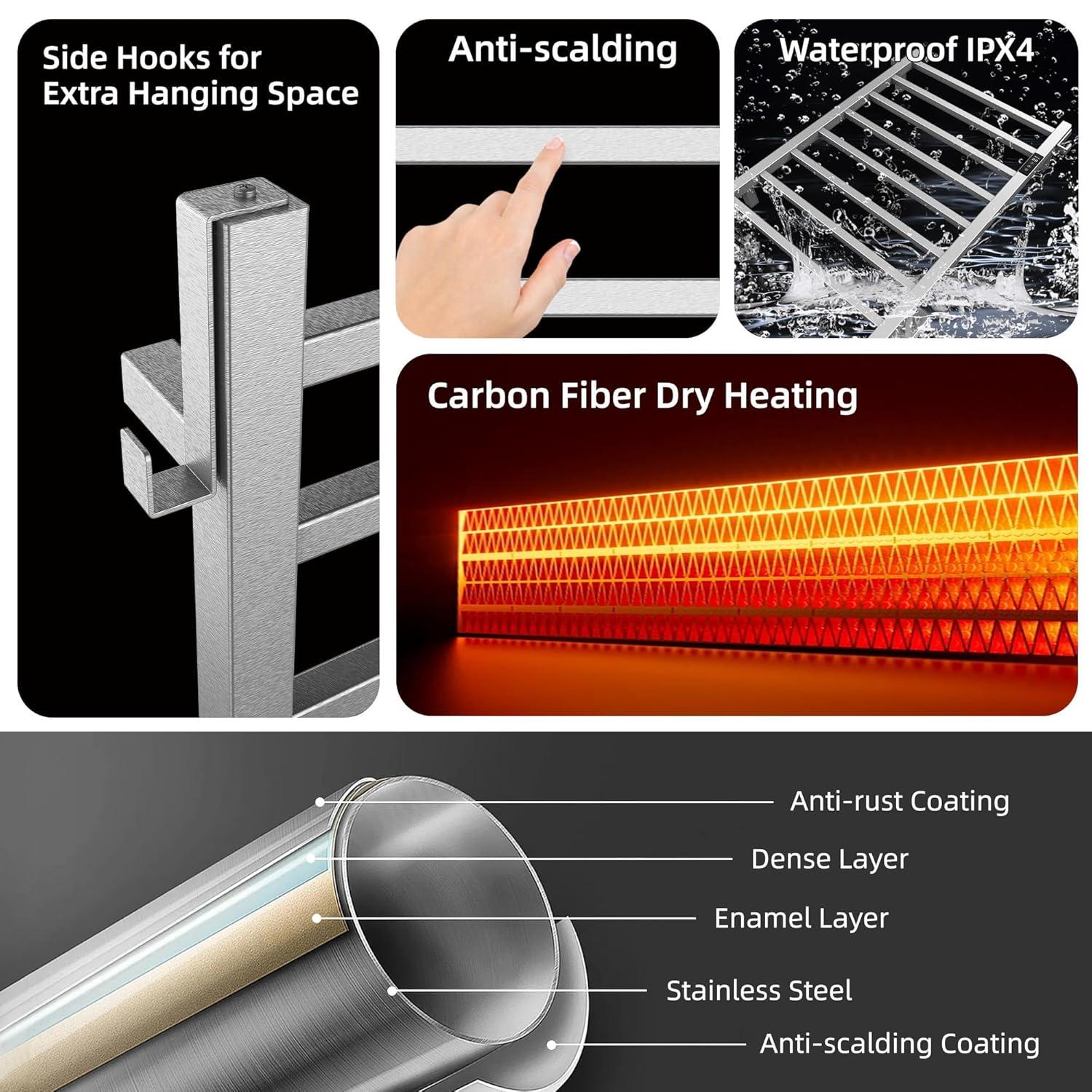 P&Bhusri Towel Warmer, 10-Bar Heated Towel Rack for Bathroom, Electric Towel Warmer with Timer & Temperature Multi-Level Adjustments, Brushed, Plug-in/Hard-Wired