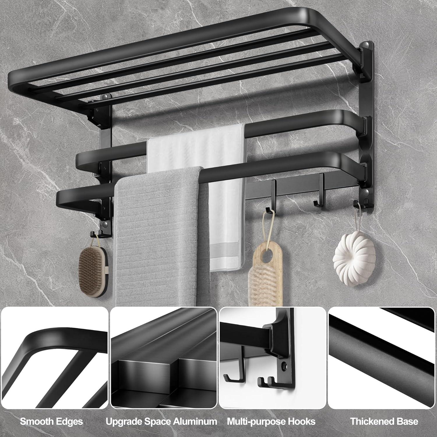 VOLDRA Towel Racks for Bathroom, 24-Inch Towel Shelf with Towel Bar Foldable Towel Holder with 7 Hooks Towel Storage Organizer for Bathroom & Lavatory Wall Mounted(Matte Black)