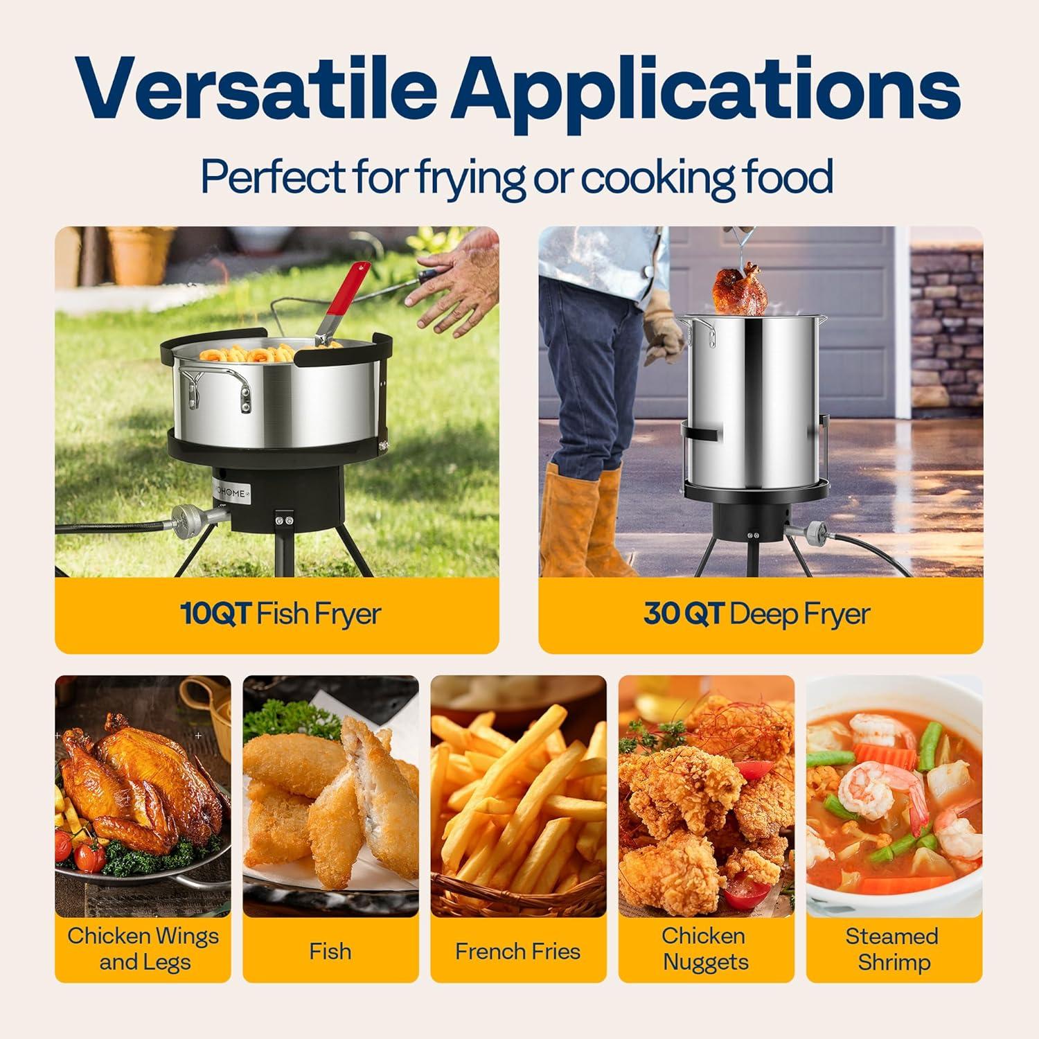 Outvita 30 Qt Turkey Deep Fryer & 10QT Fish Fryer Kit w/Baskets,Aluminum Fish & Seafood Boiler Steamer with 54,000 BTU Propane Gas Burner Stand Injector Thermometer Hose, Ideal for Outdoor Fry