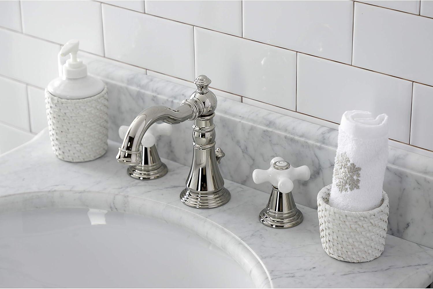 Kingston Brass American Classic Two-Handle 3-Hole Deck Mount Widespread Bathroom Faucet with Pop-Up Drain