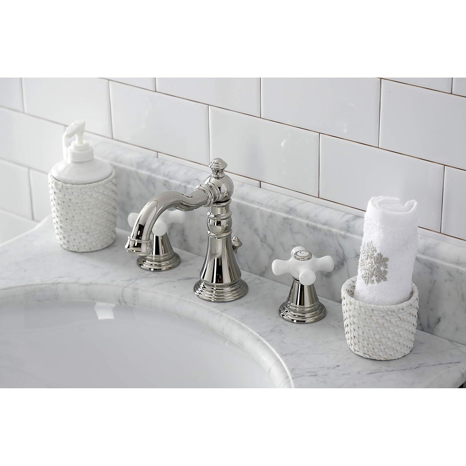 Kingston Brass American Classic Two-Handle 3-Hole Deck Mount Widespread Bathroom Faucet with Pop-Up Drain
