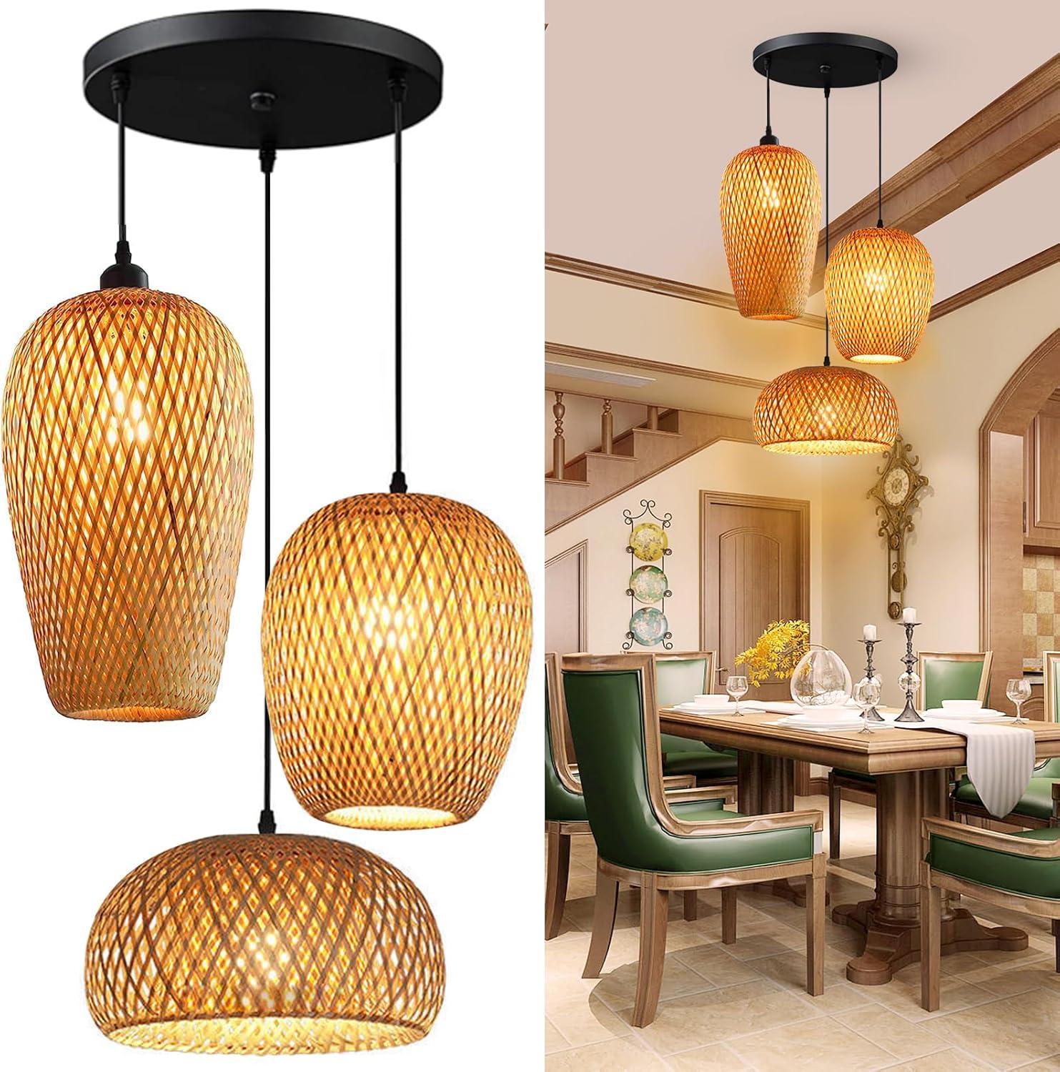 GCQ Bamboo Light Fixtures, 3 Headlights E26 E27 Retro Rustic Bamboo Wicker Rattan Chandelier Ceiling Hanging Light for Living Room Bedroom Farmhouse Restaurant Cafe Teahouse Bar Dining Room Club