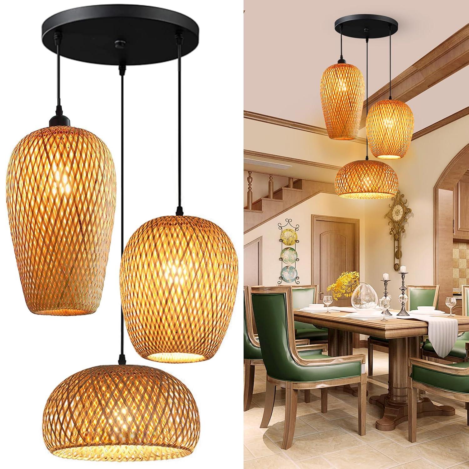 GCQ Bamboo Light Fixtures, 3 Headlights E26 E27 Retro Rustic Bamboo Wicker Rattan Chandelier Ceiling Hanging Light for Living Room Bedroom Farmhouse Restaurant Cafe Teahouse Bar Dining Room Club