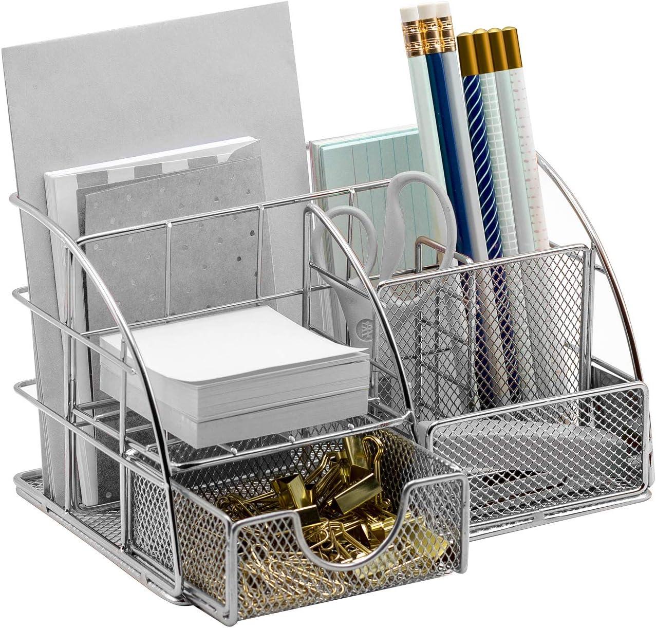 Silver Mesh Multifunction Desk Organizer with Drawer