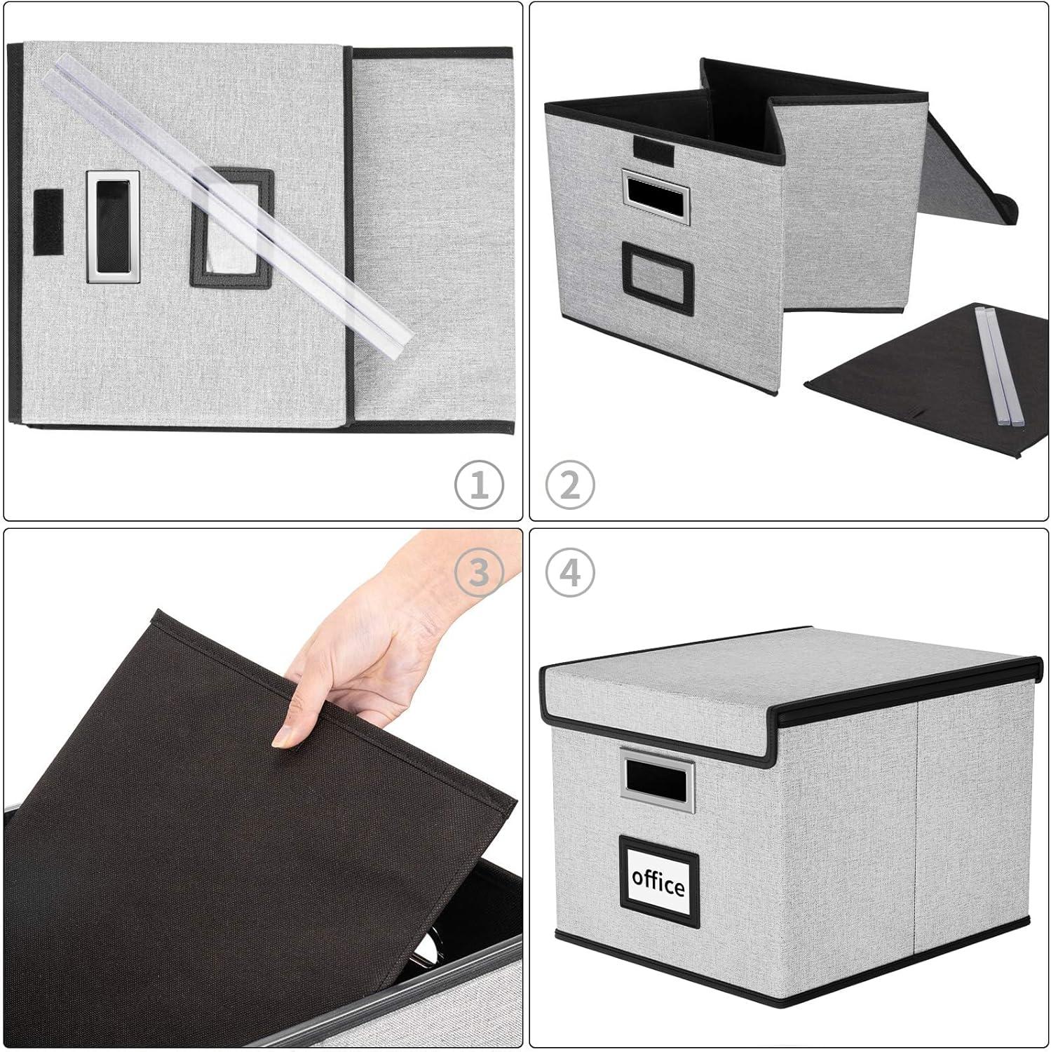 Huolewa Portable File Organizer Box, Office Document Storage Organizer Box with Lid, Linen Hanging Filing Storage Box, Decorative Home/Office Filing System for File and Folders Storage (Light Grey)