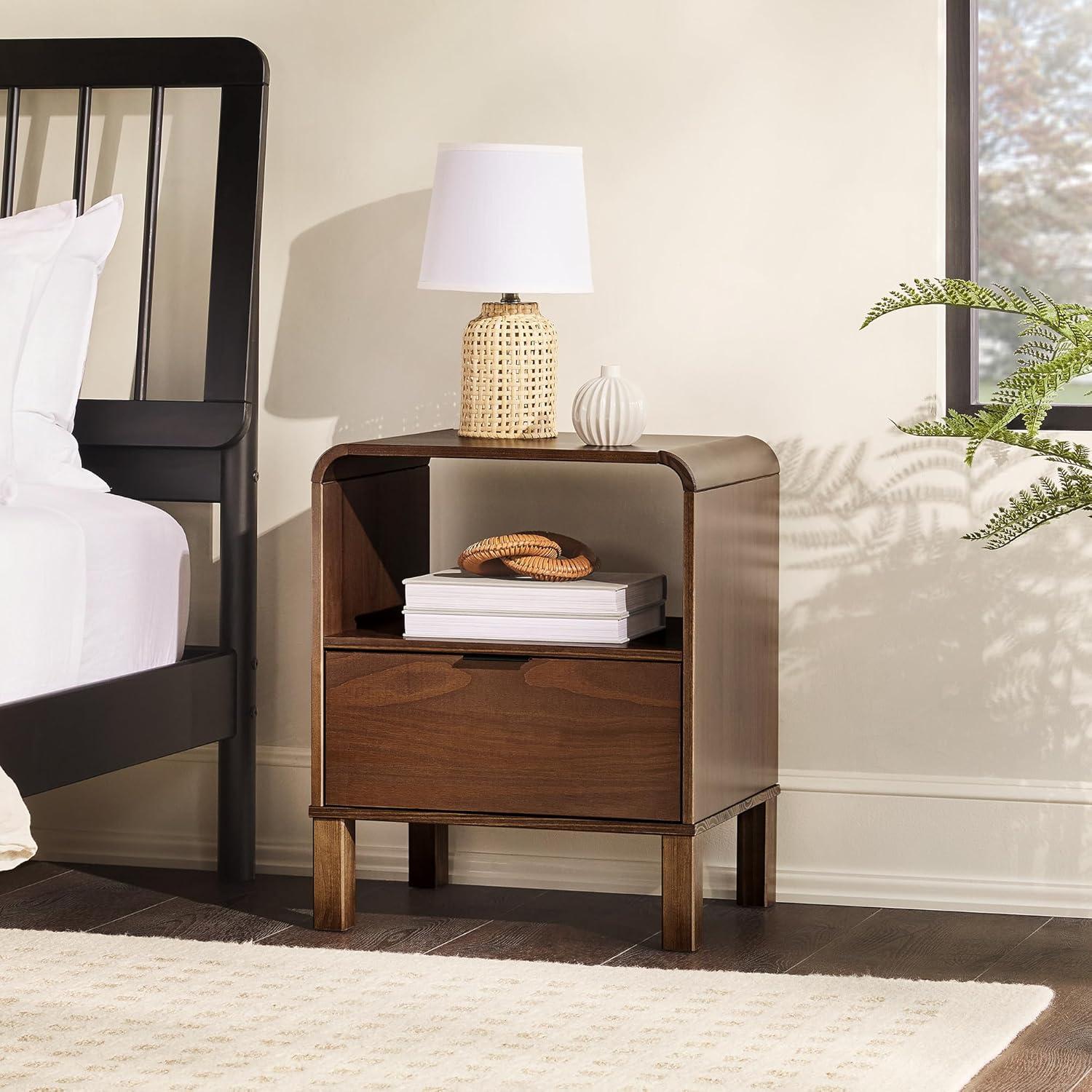 Brown Solid Pine Wood 1-Drawer Nightstand with Open Cubby