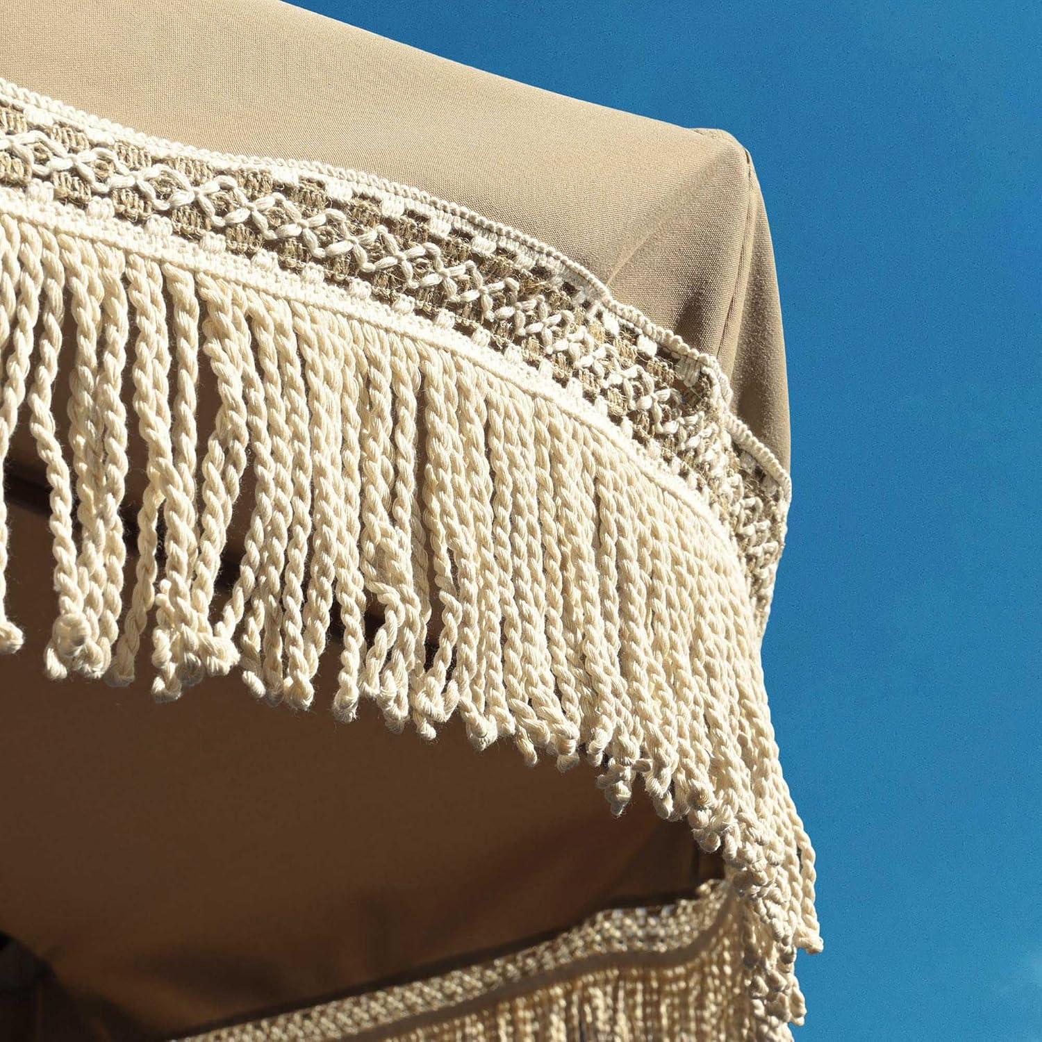 LAGarden BOHO 9' Fringe Patio Umbrella with Tassels UPF50+ Boho Style 5-Year-Non-Fading for Outdoor Yard Market Mocha Meander brown