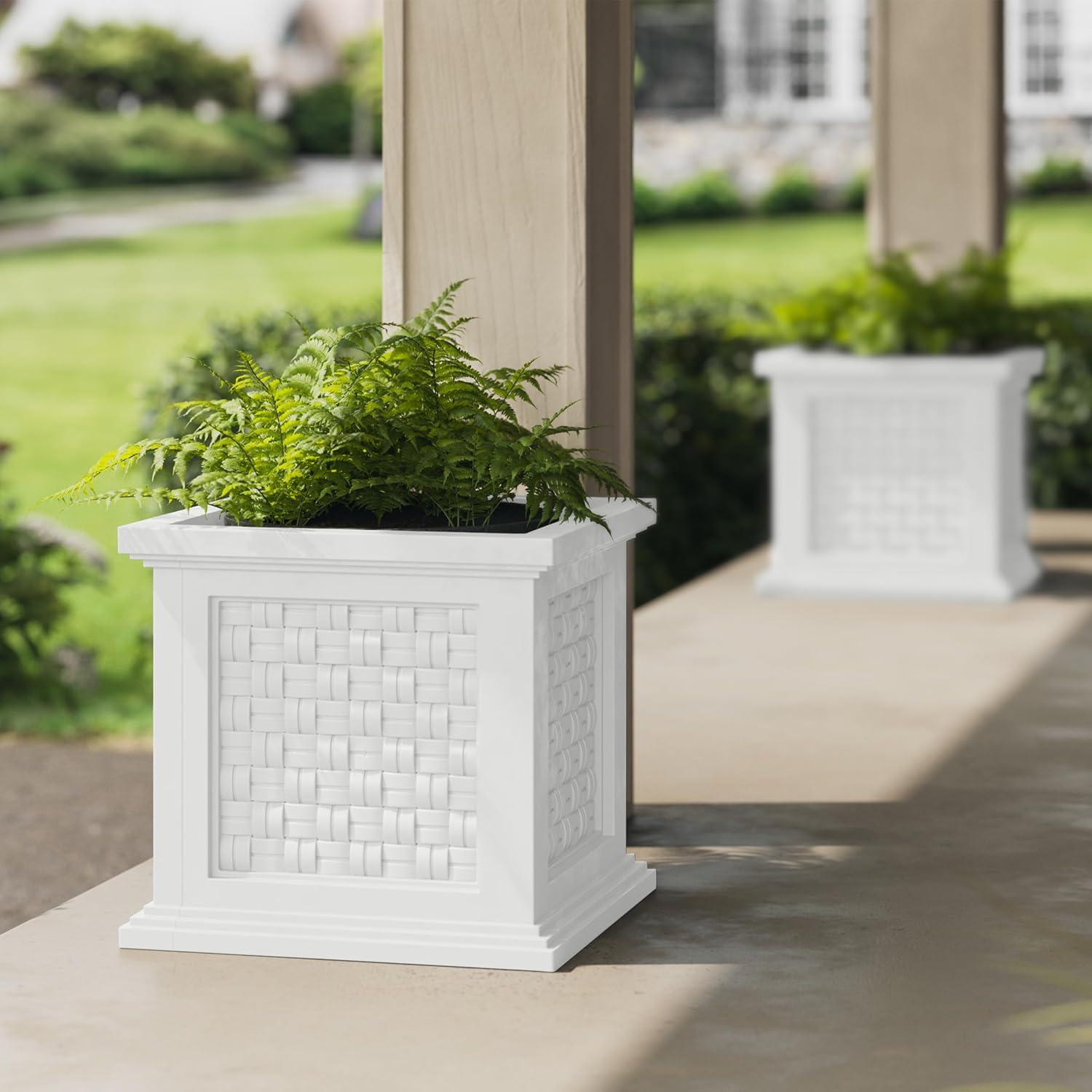 Pure Garden Outdoor Rattan Style Planter Box - 14.65-Inch Plant Pot, White