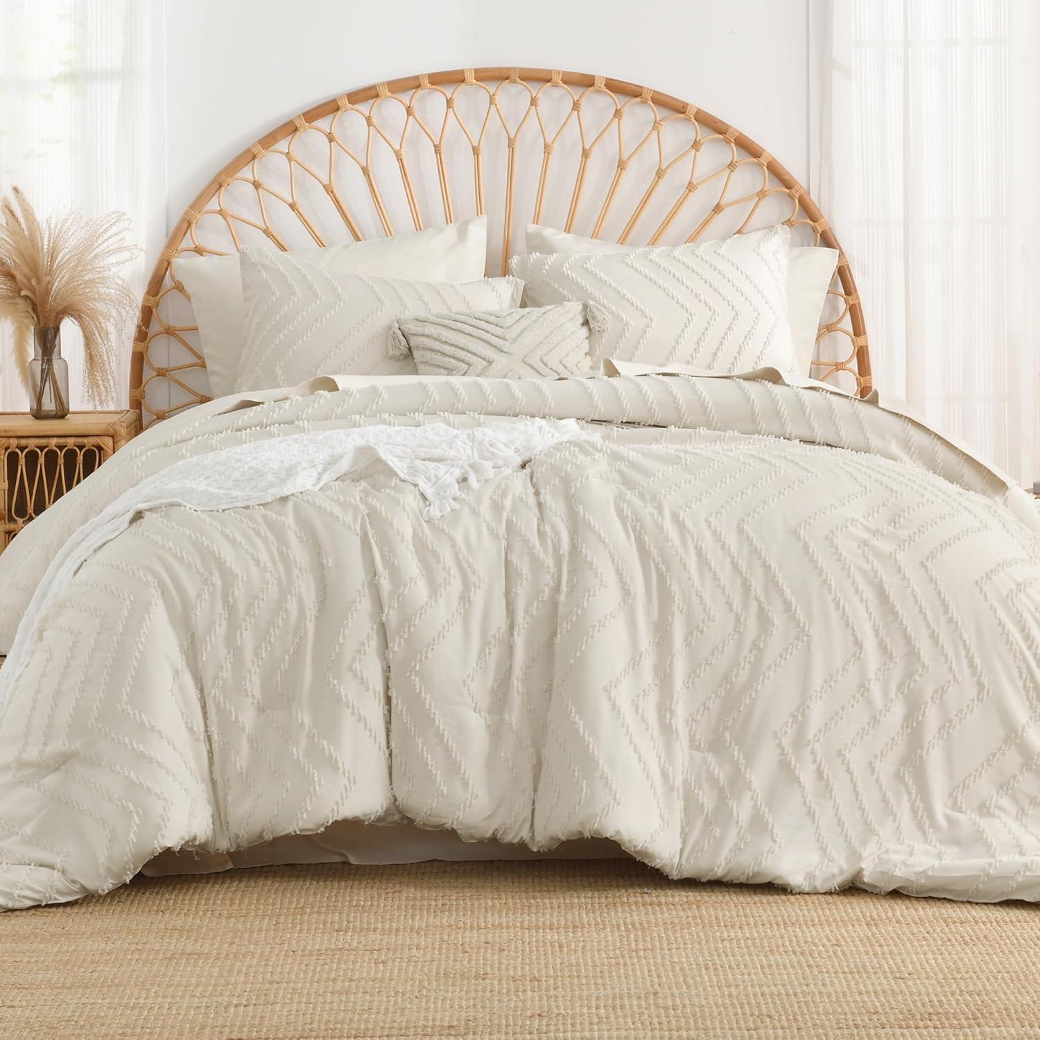 Beige Tufted Boho Queen Comforter Set with Pom Pom Accents