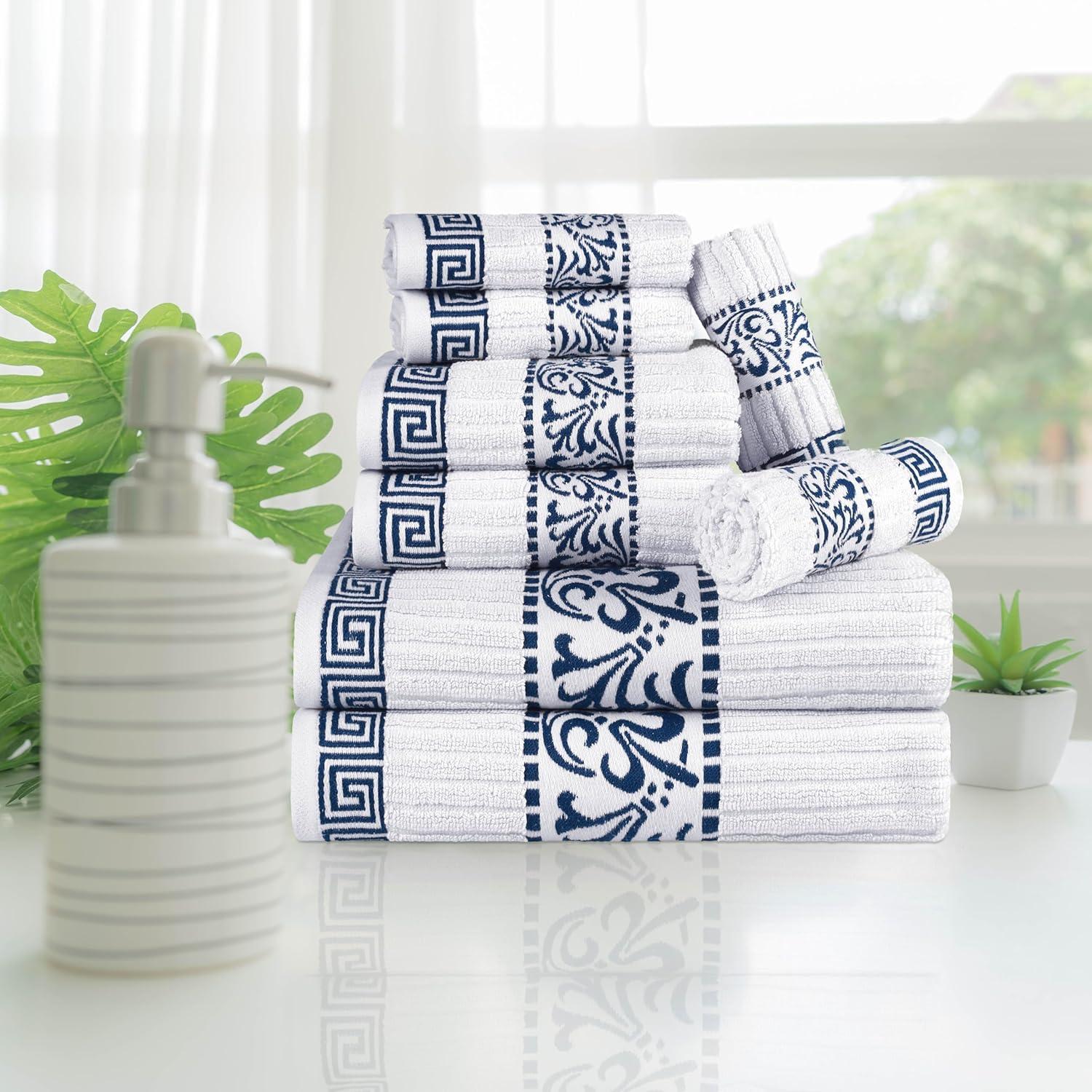 Superior Athens 8-Piece Cotton Greek Scroll Towel Set, Navy-Blue