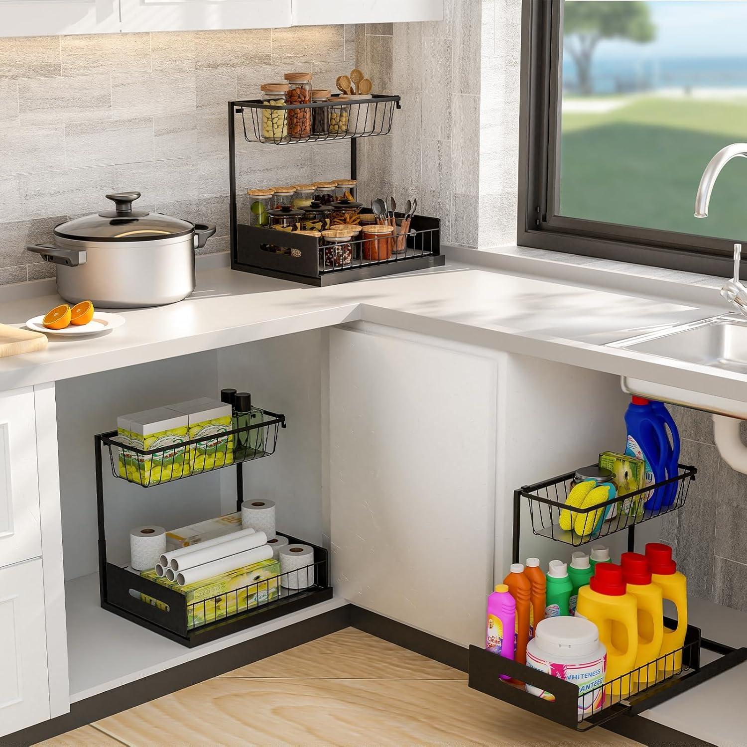 Rebrilliant Under Sink Organizer, 2 Tier Under Sink Organizers And Storage, Metal Slide Out Pull Out Cabinet Organizer ,2 Pack Sliding Drawer Organizer For Kitchen Bathroom Pantry