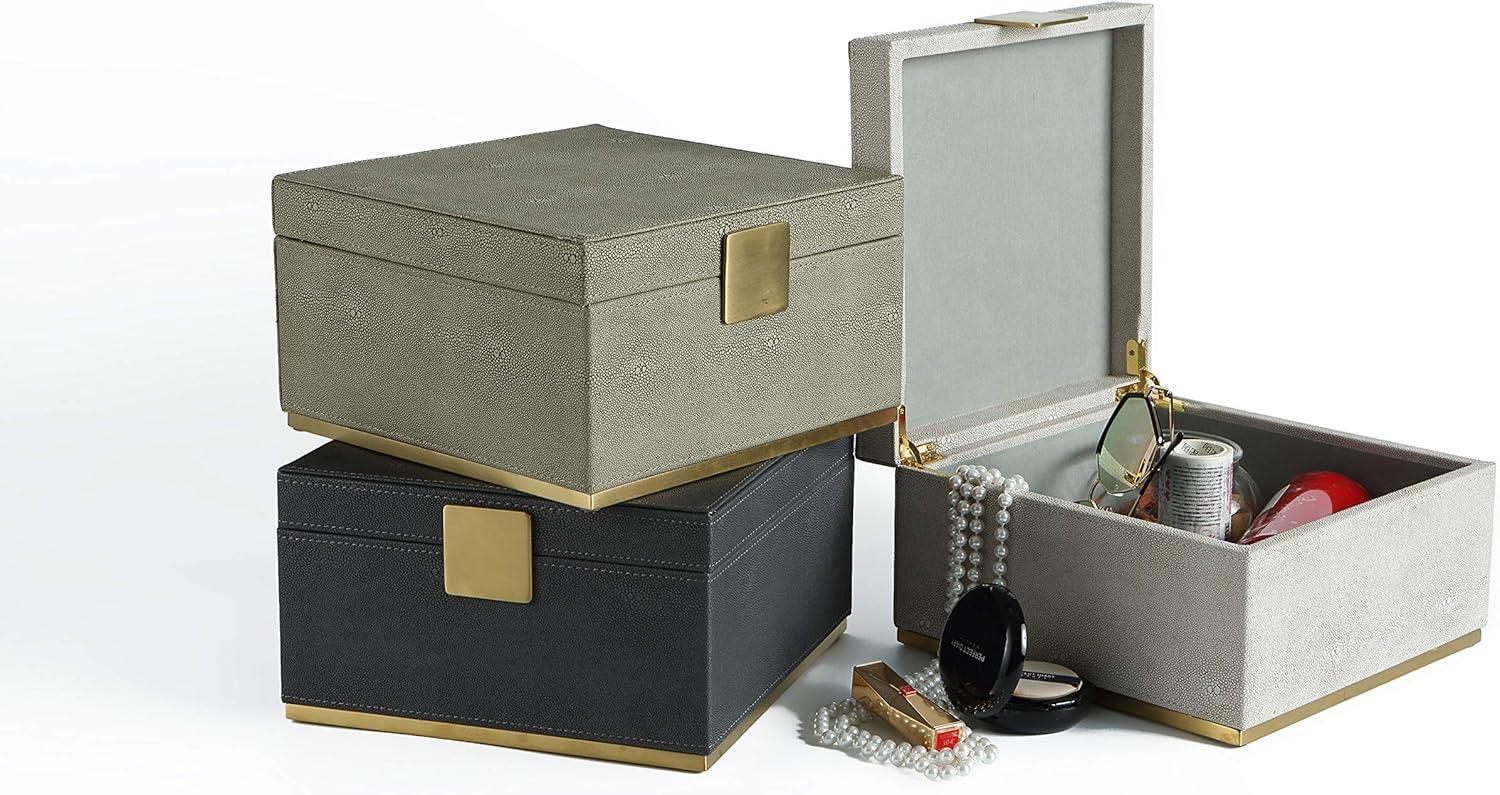 Ivory Shagreen Faux Leather Square Jewelry Box with Gold Accents