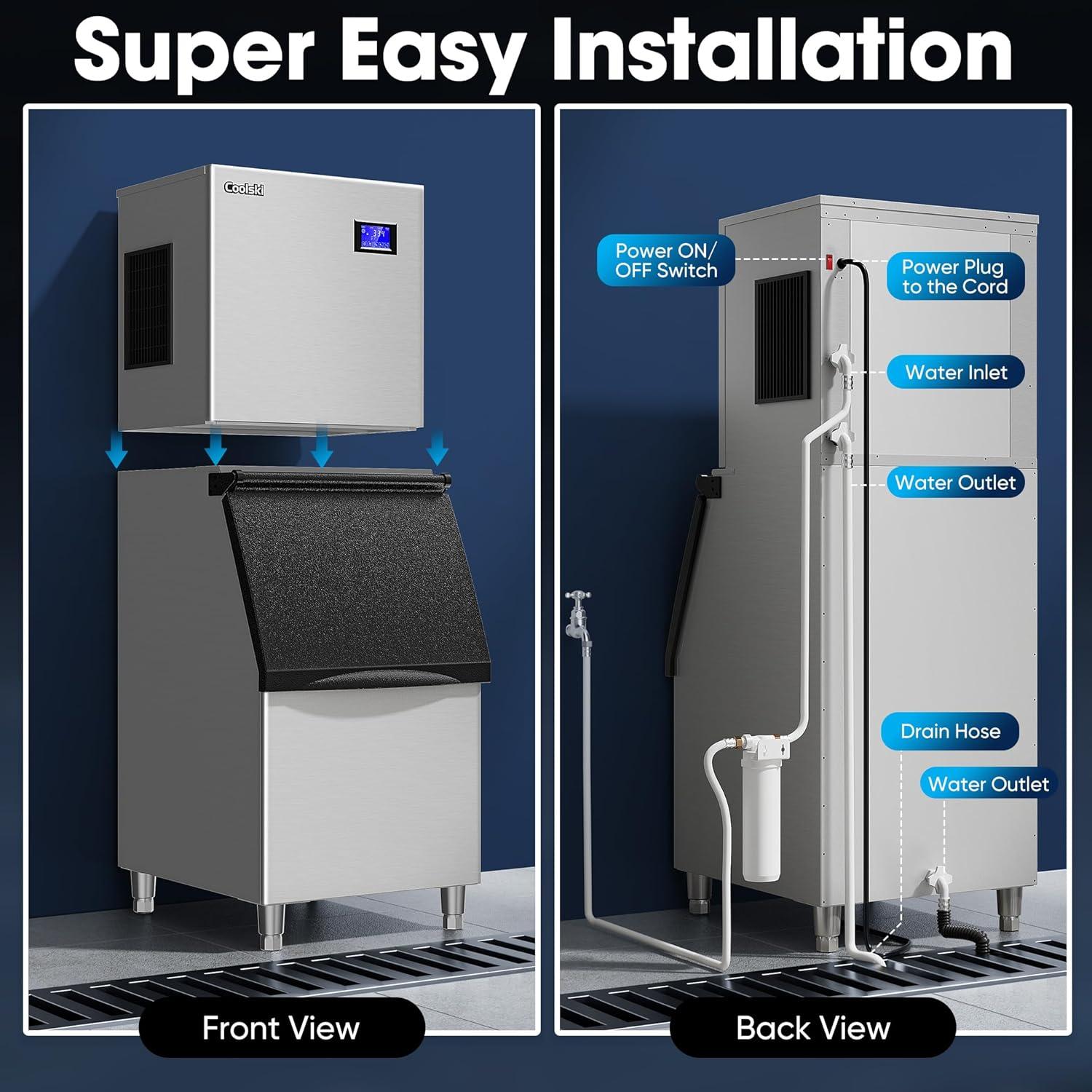 Coolski Coolski Commercial Ice Machine 350 lb. Daily Production Clear Cube Ice, Freestanding Ice Maker For restaurants Bars Hotels, Stainless Steel