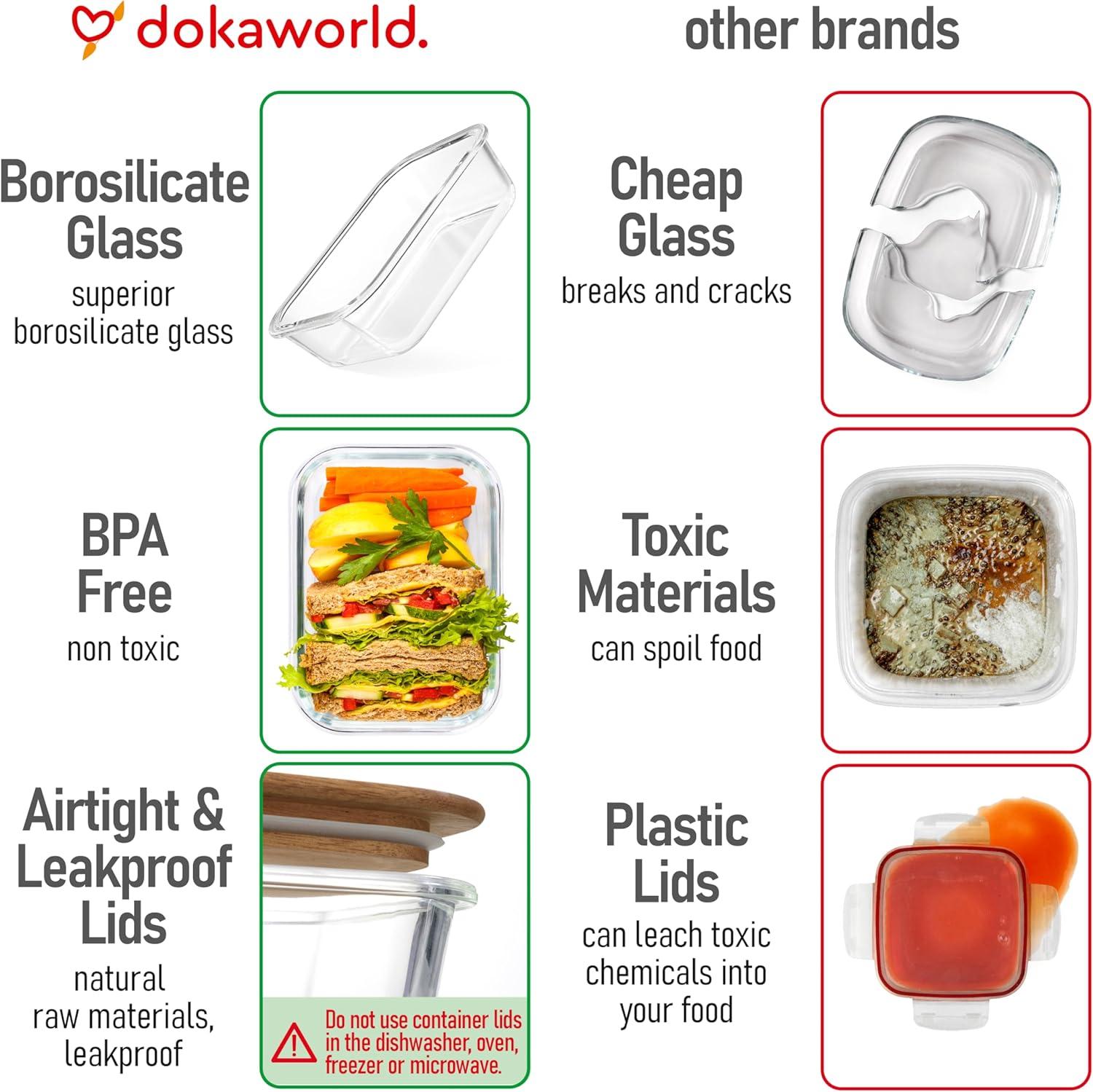 Amber Glass Meal Prep Containers with Acacia Lids, Set of 4