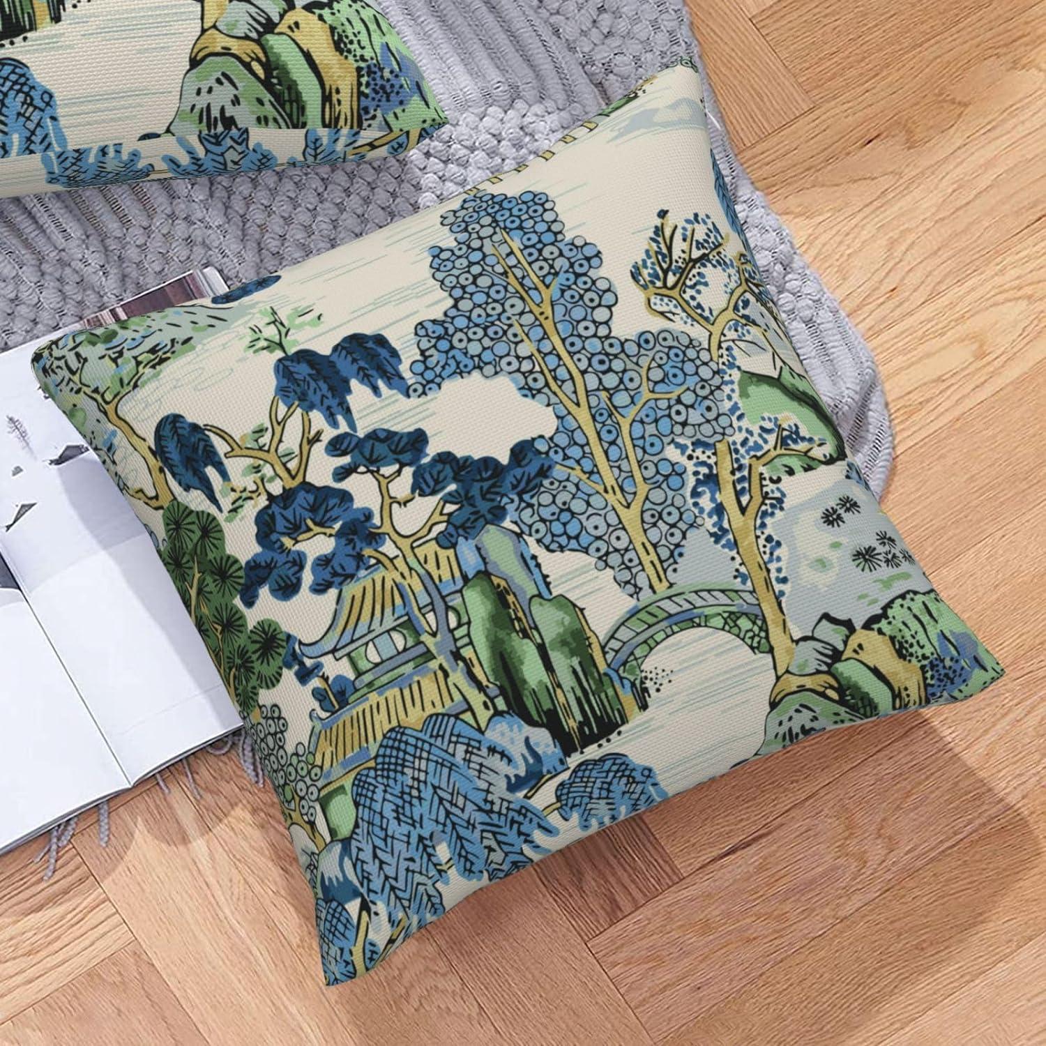 Chinoiserie Pillow Covers 20 x 20 Set of 2 Asian Scenic Linen Throw Pillow Cover Vintage Blue and Green Farmhouse Decorative Pillowcases for Living Room Couch Bed Sofa Outdoor