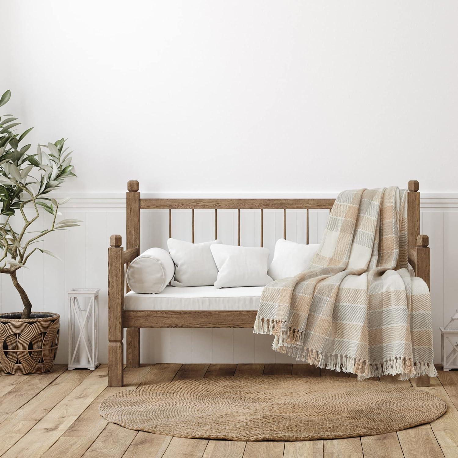 Americanflat 50x60 Throw Blanket - Soft and Breathable Cotton Throw Blanket for Couch, Bed, Chair - Decorative Blankets Perfect for Home, Office, or Outdoor Use - Camel and Beige Plaid Design