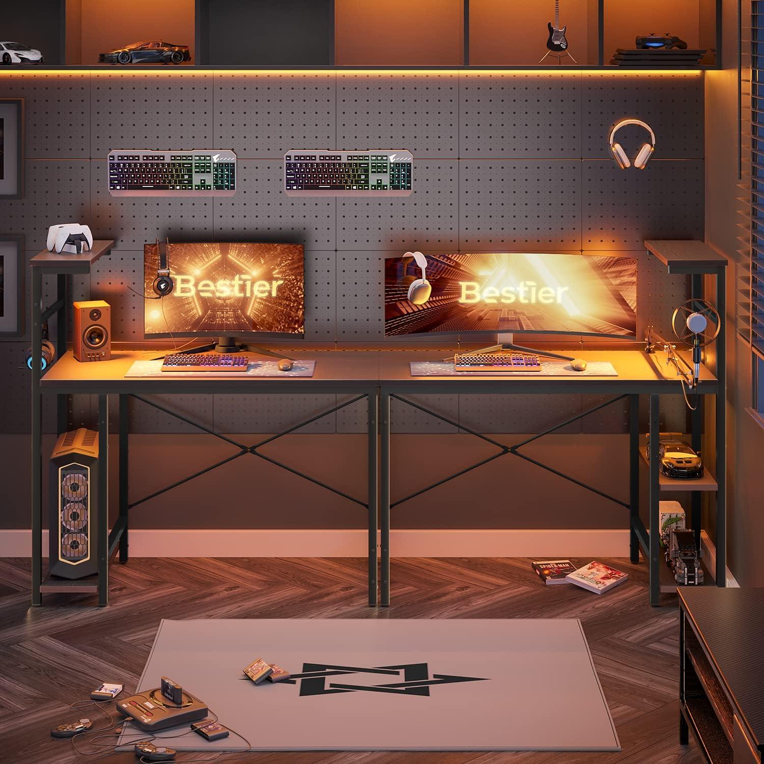 Bestier Computer Gaming PC Desk 44 inch Gamer Table with LED Lights, Reversible 4 Tier Storage Shelves, Black